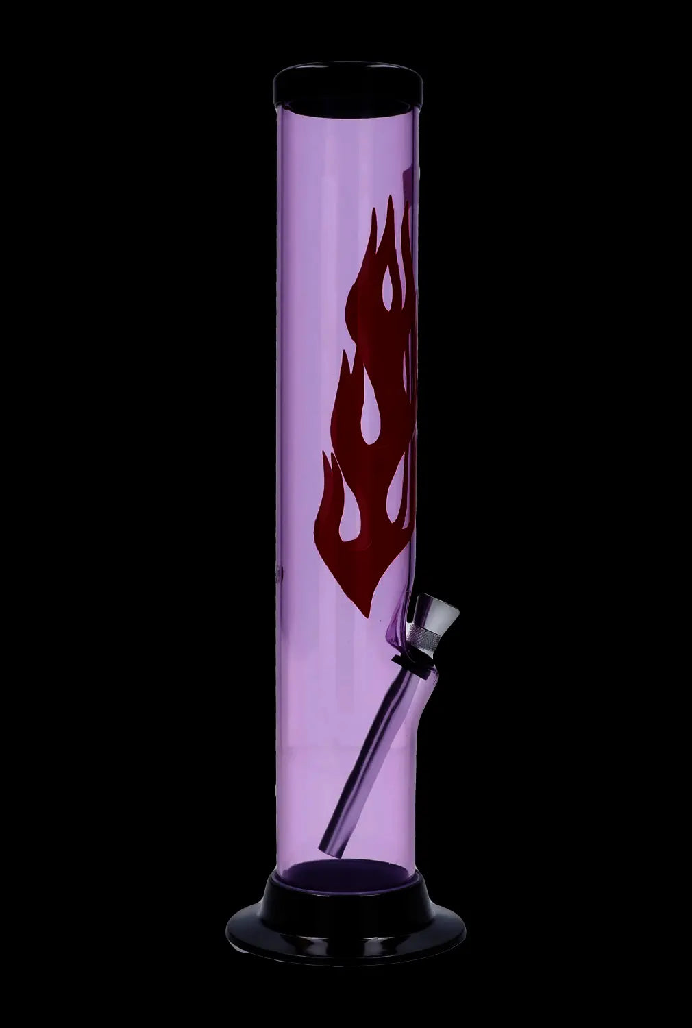 A front view of the 12-inch JM Plastics Flame Straight Tube with Carb Hole Acrylic Water Pipe, showcasing its flame design.