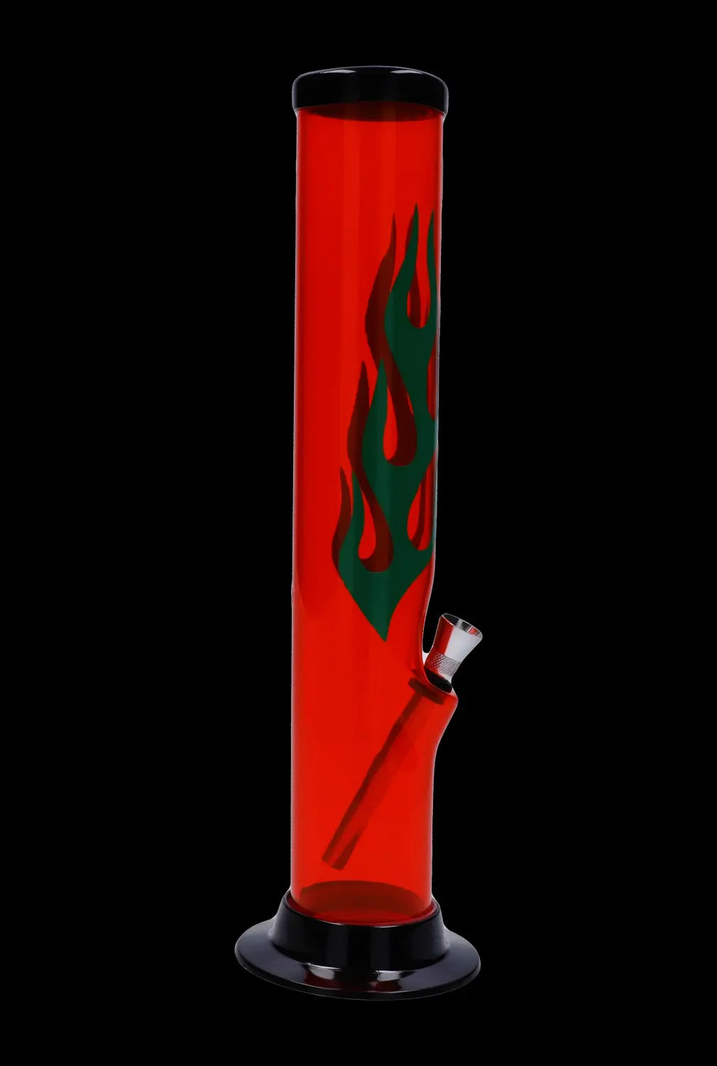 Front view of the 12-inch JM Plastics Flame Straight Tube acrylic water pipe with a carb hole and red flame design.