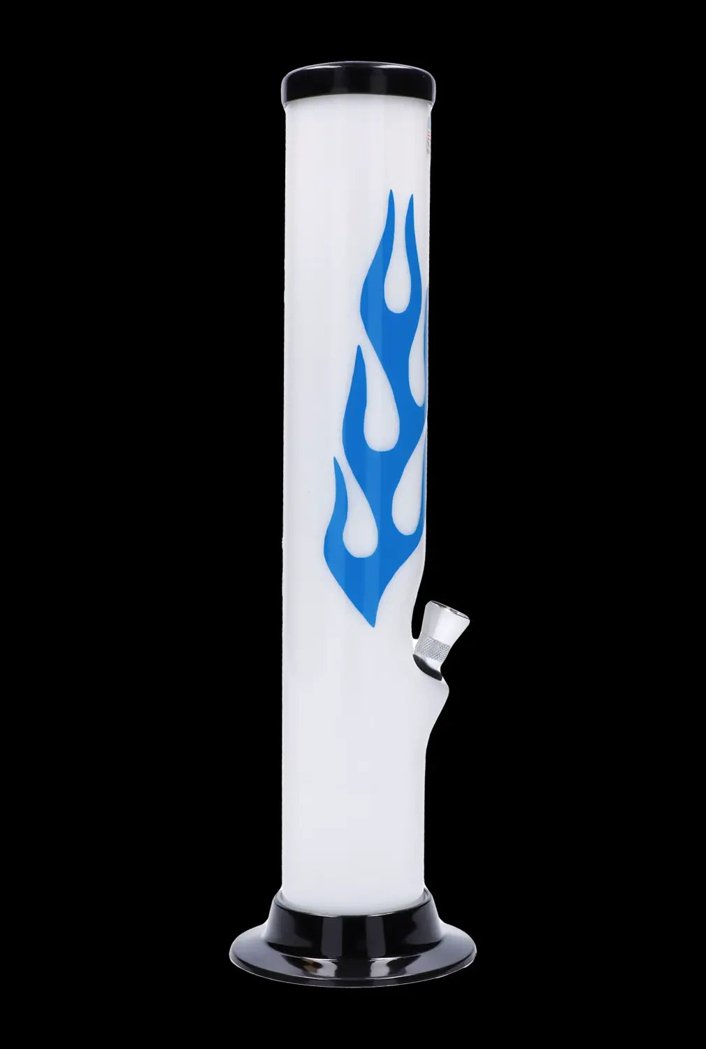 Front view of the 12-inch JM Plastics Flame Straight Tube, showcasing a clear acrylic water pipe with vibrant flame designs.
