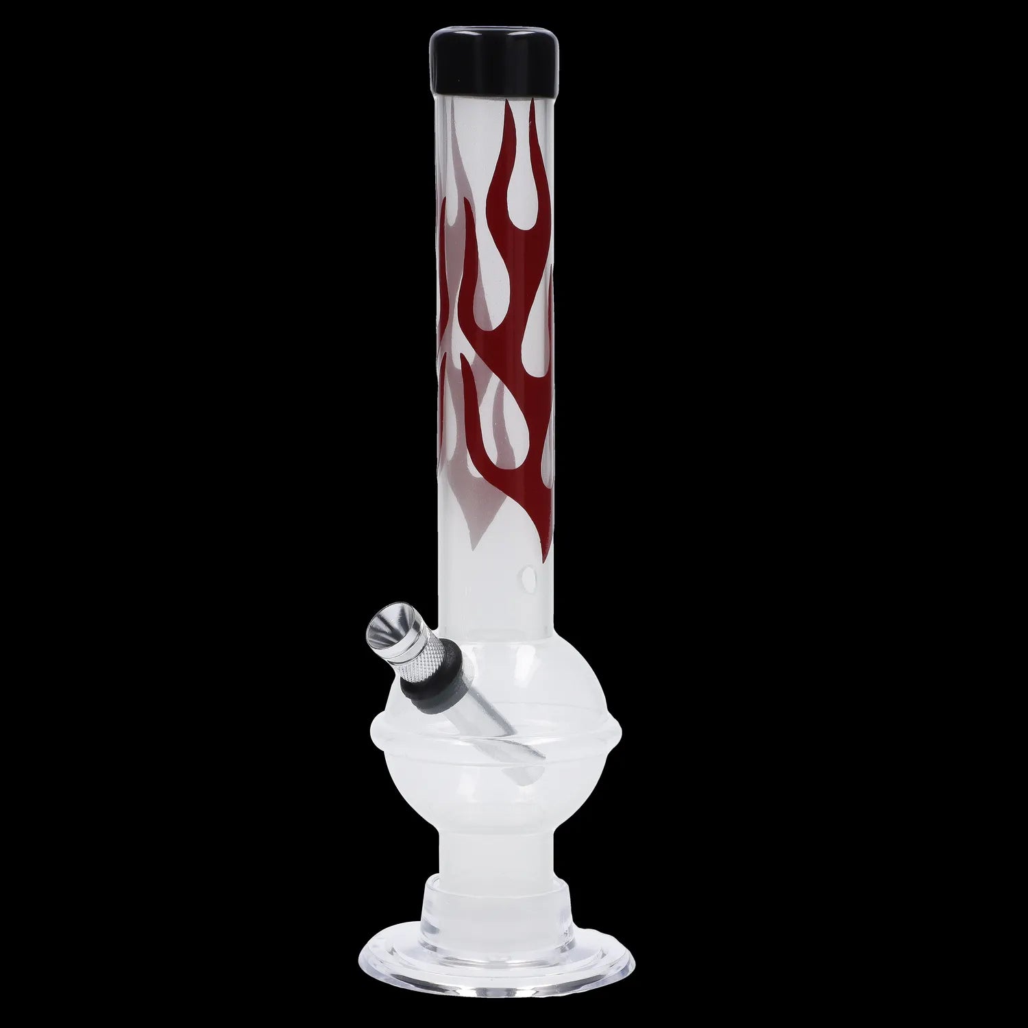 Front view of the JM Plastics Flame Bubble Base with Ring and Carb Hole Acrylic Water Pipe, showcasing a clear acrylic tube with red flame designs.