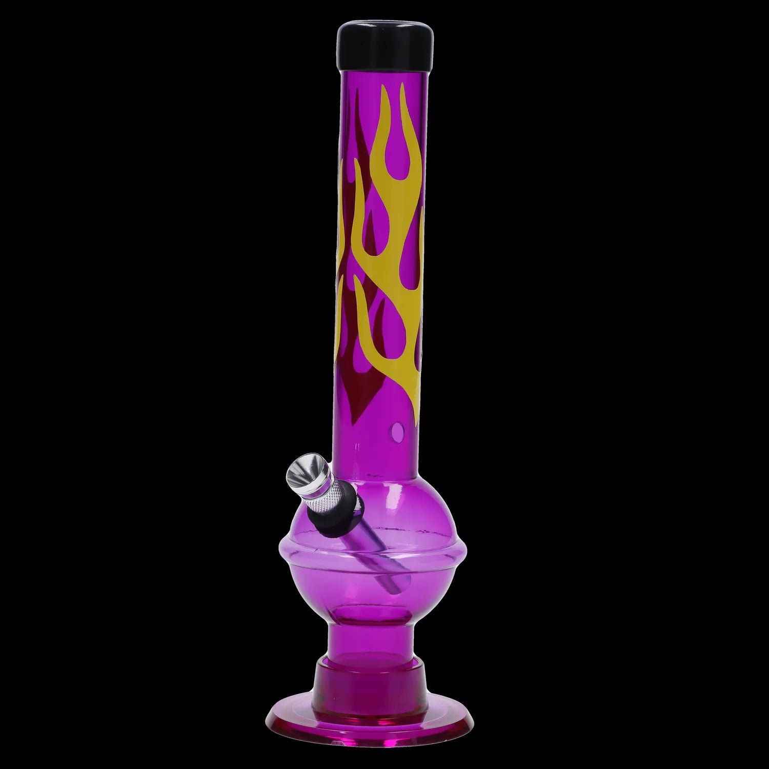 Front view of the JM Plastics Flame Bubble Base with Ring and Carb Hole Acrylic Water Pipe, showing a pink acrylic pipe with flame details.