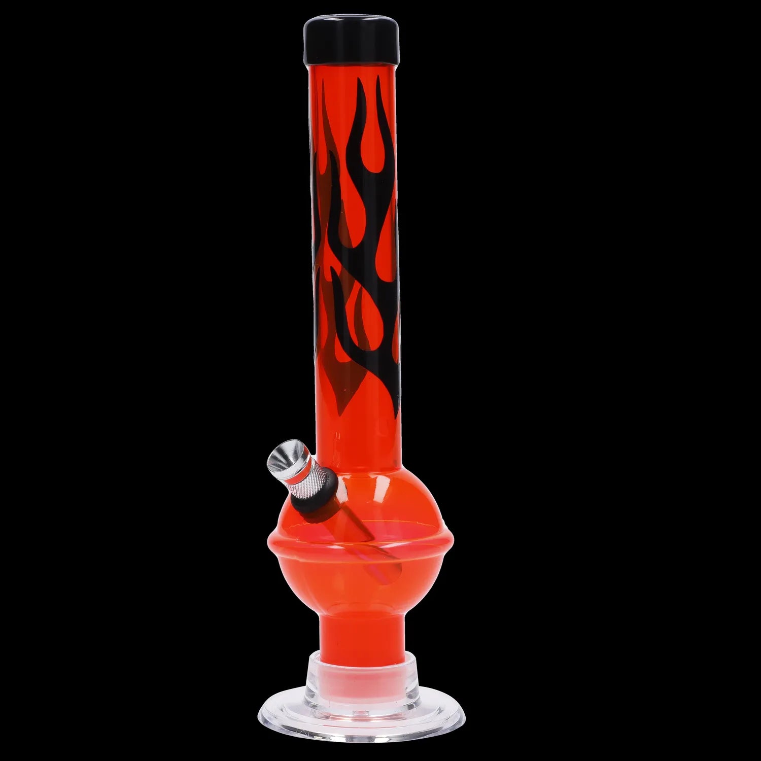 Front view of the JM Plastics Flame Bubble Base with Ring and Carb Hole Acrylic Water Pipe, showcasing its red and black flame design.