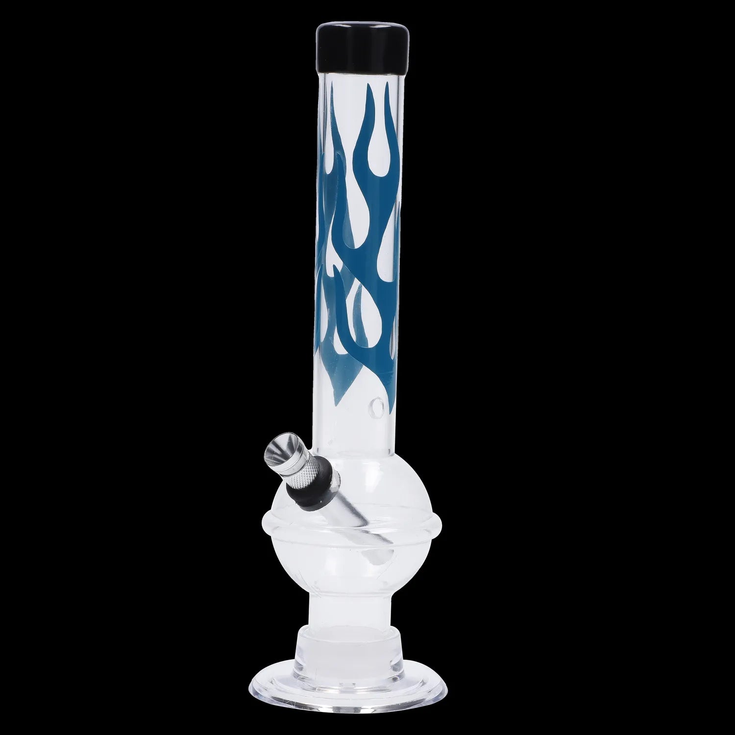 Front view of the JM Plastics Flame Bubble Base with Ring and Carb Hole Acrylic Water Pipe, featuring a blue flame design on clear acrylic.