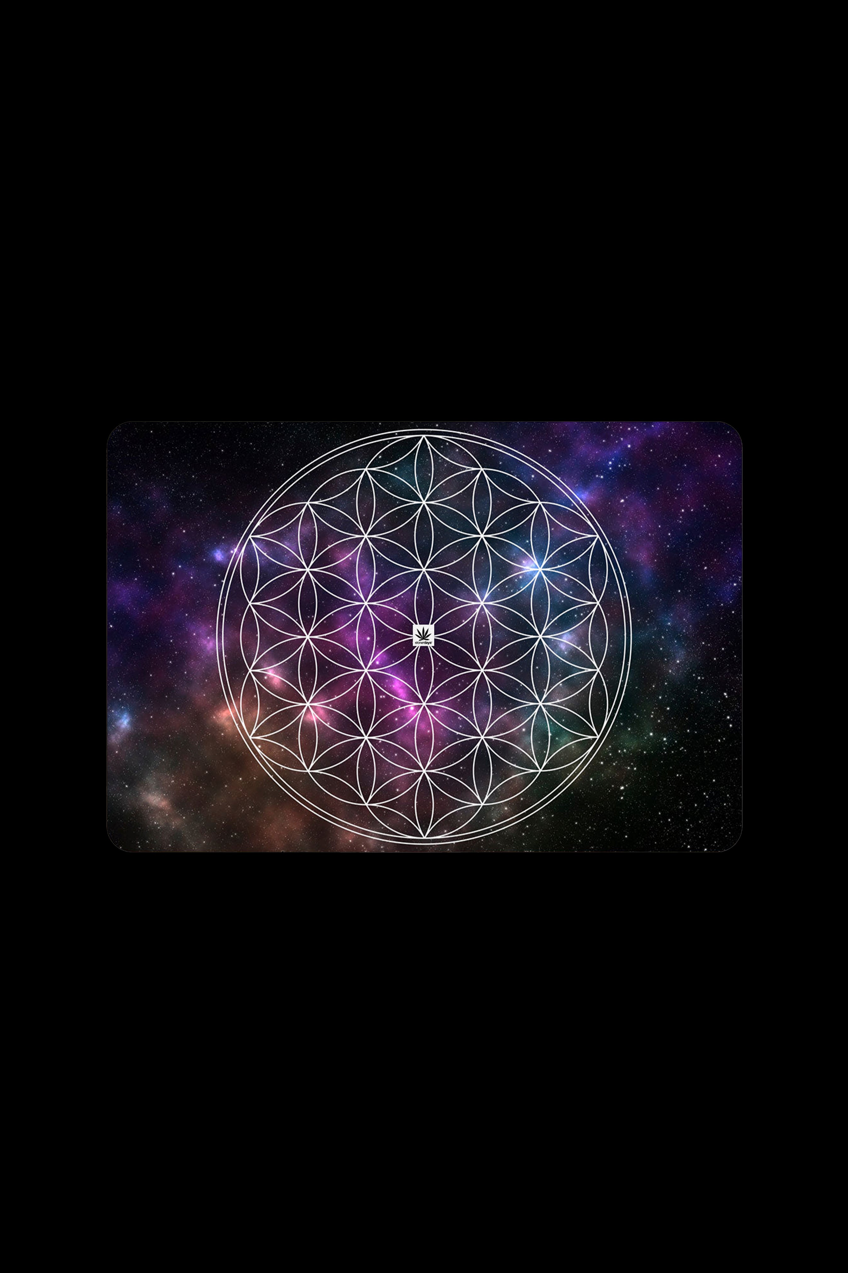 Flower of Life geometry over a cosmic nebula background, featuring a cannabis leaf at the center.