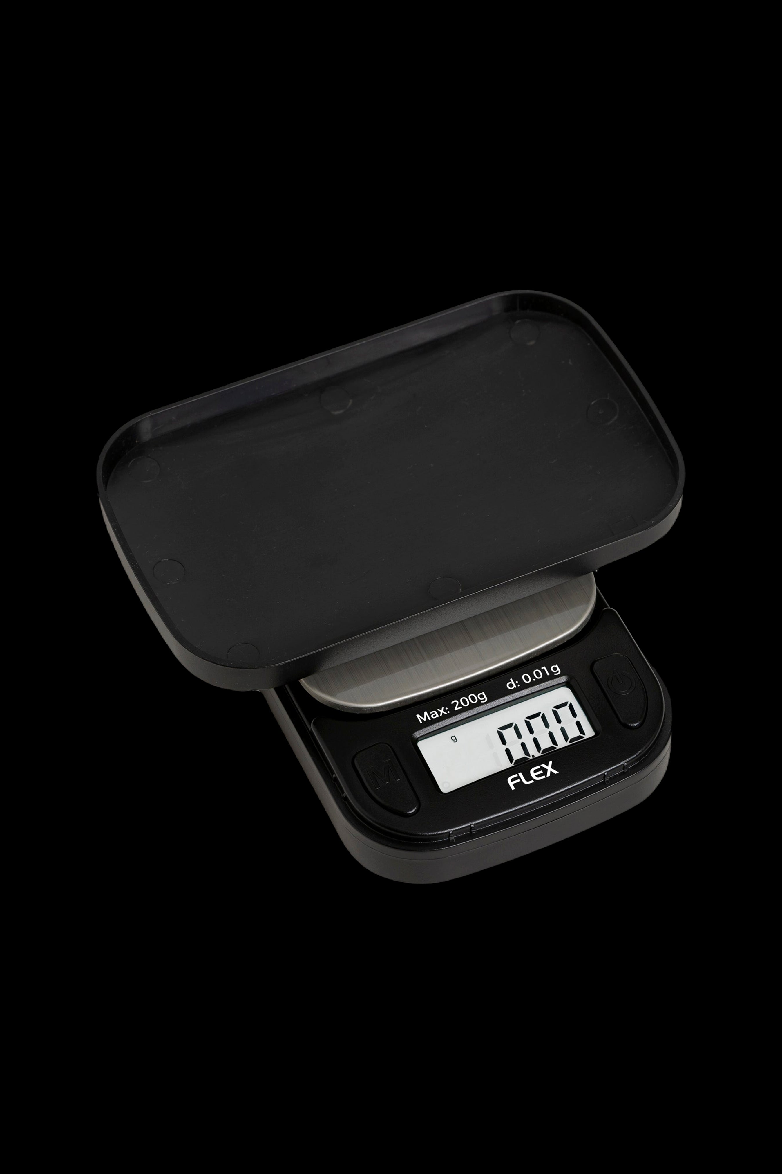 Digital scale with a black platform, displaying 0.00g, used for measuring cannabis.