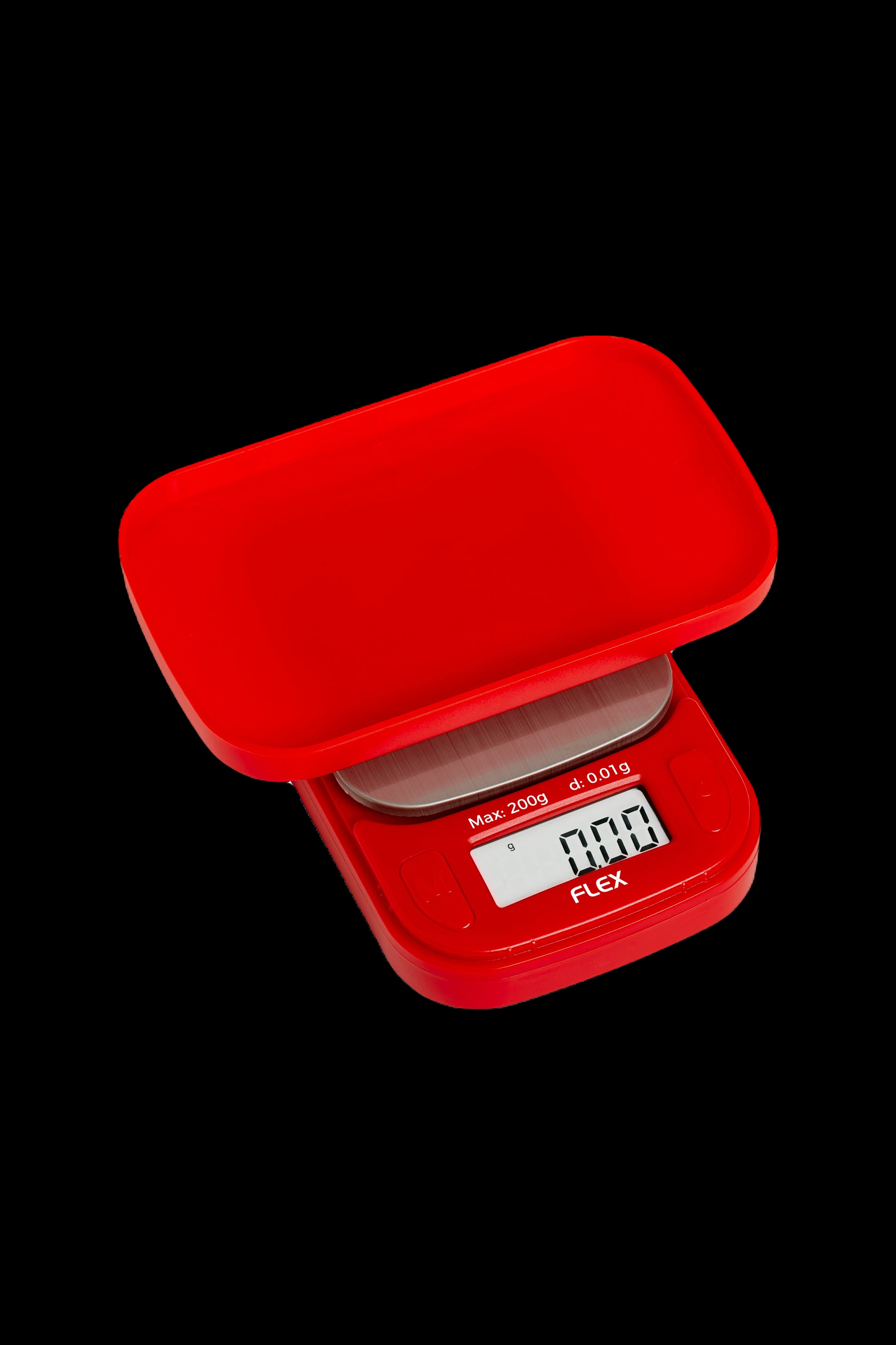 Red digital scale displaying “0.00” grams, commonly used for measuring cannabis.