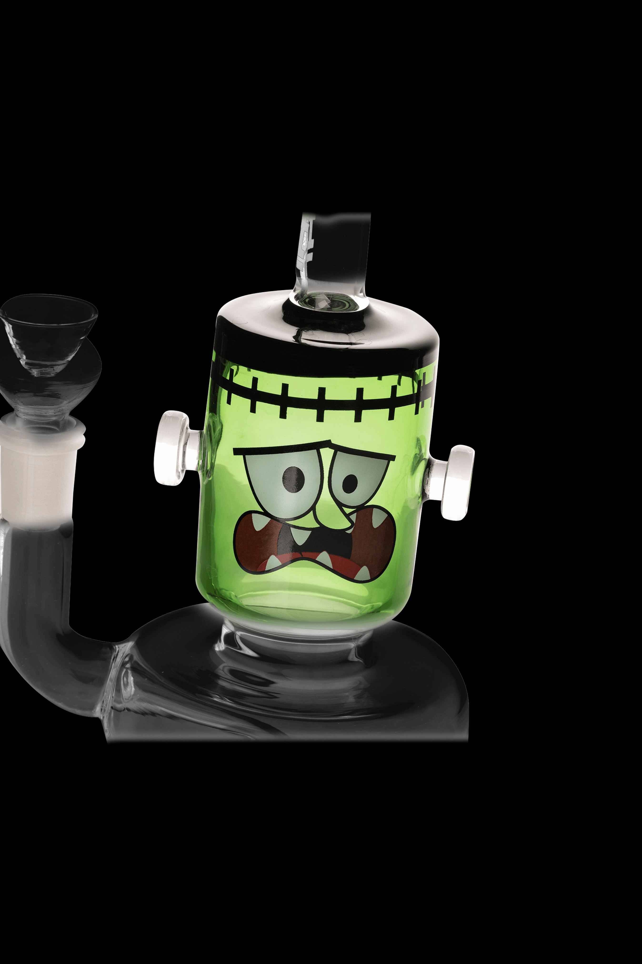 Green glass water pipe shaped like Frankenstein's monster.