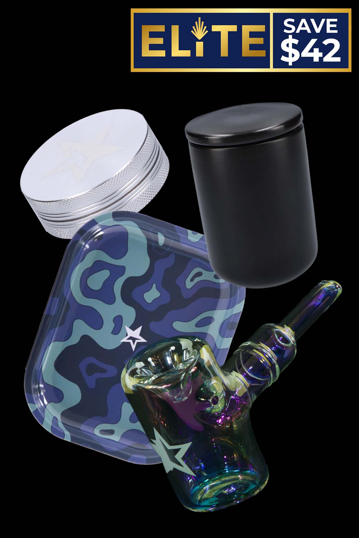 Colorful glass bubbler with a storage container and grinder, advertised with a $42 savings.