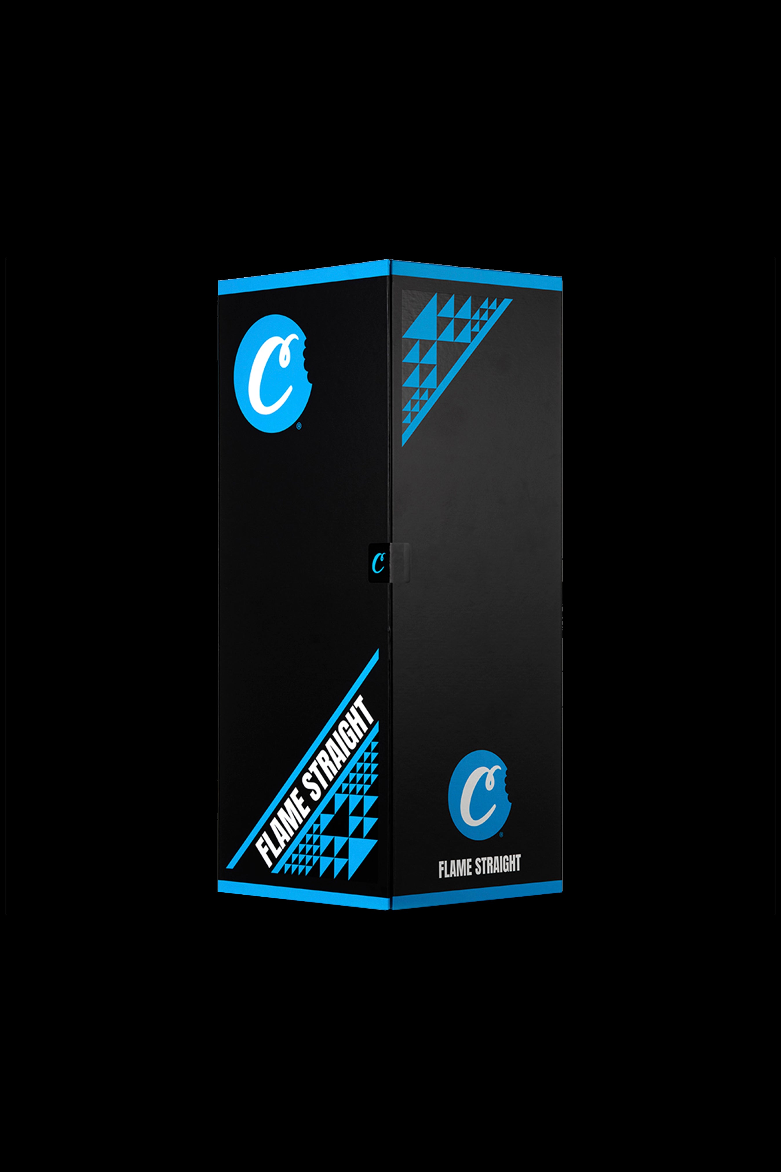 Black and blue cannabis storage box with “C” logo and “Flame Straight” branding.