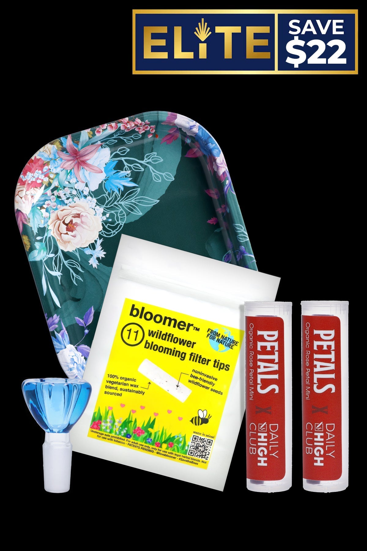 A promotional image featuring a turquoise smoking cap alongside three white boxes of "Petals" organic rose petal mini filters, with a "Save $22" banner and a "bloomer" wildflower blooming filter tips package.