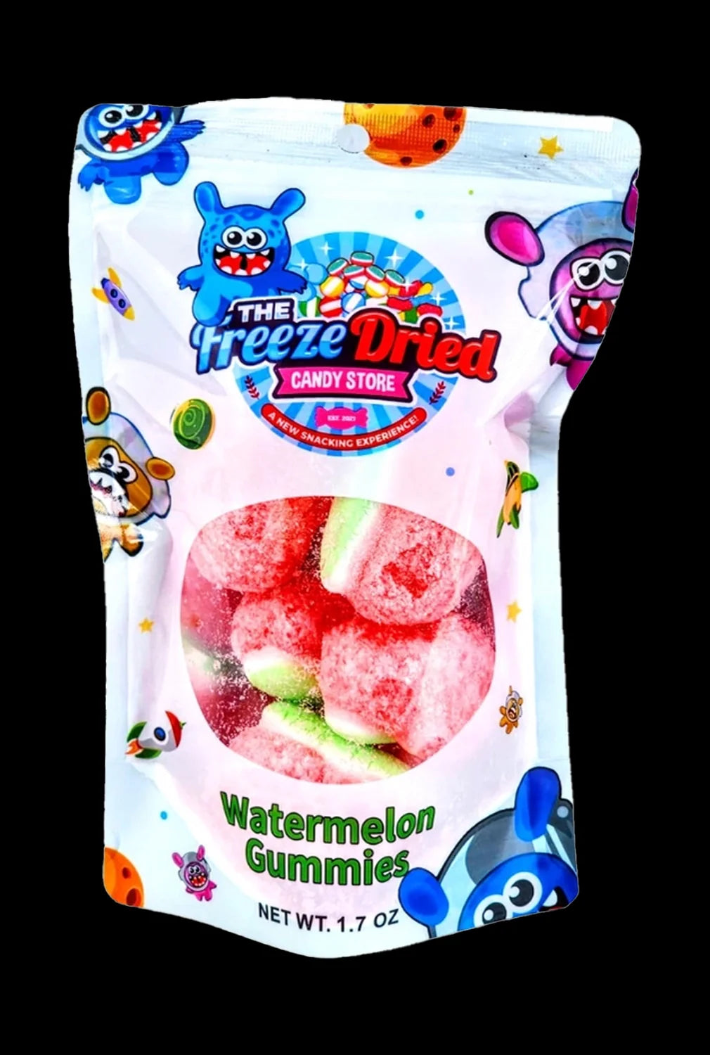 A colorful, sealed bag of "The Freeze Dried Candy Store" watermelon gummies, featuring cartoon characters and indicating a net weight of 1.7 oz.