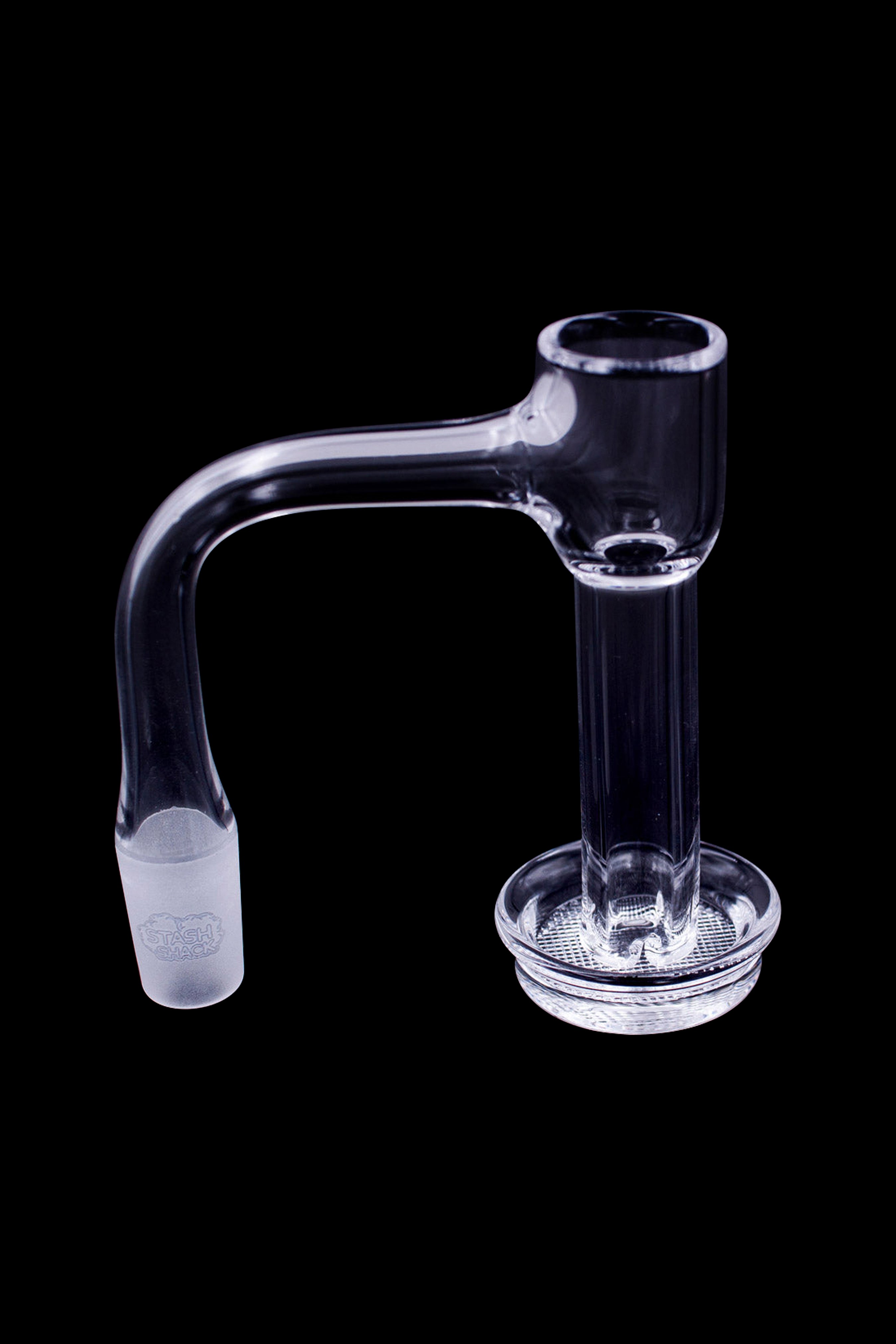 Clear glass dab rig with a bent neck and honeycomb percolator.