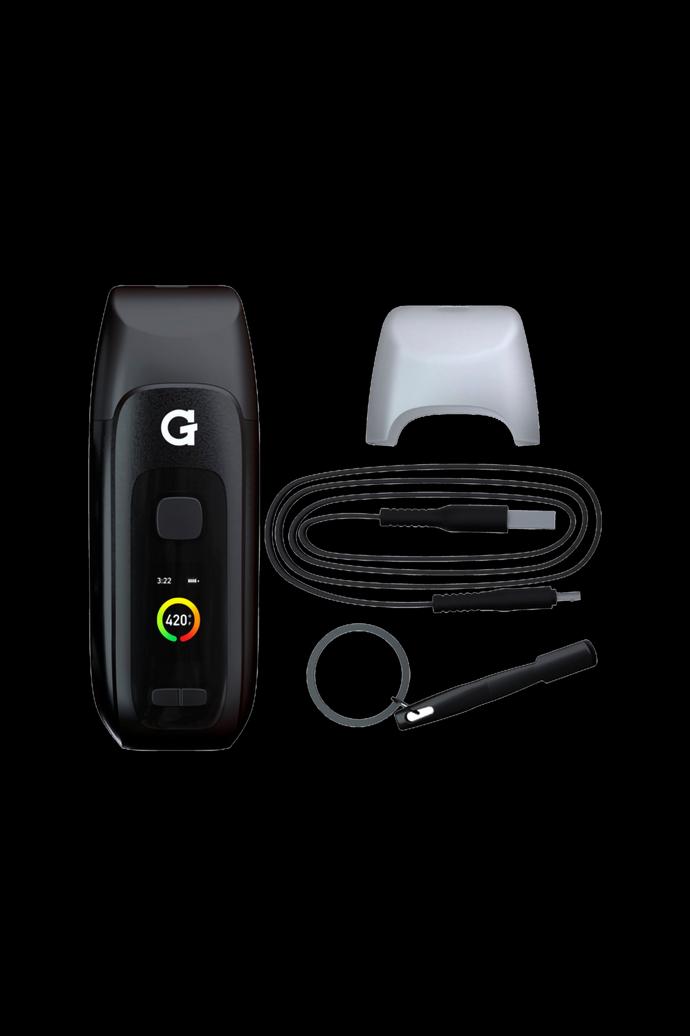 Black cannabis vaporizer device and accessories laid out on a dark background.