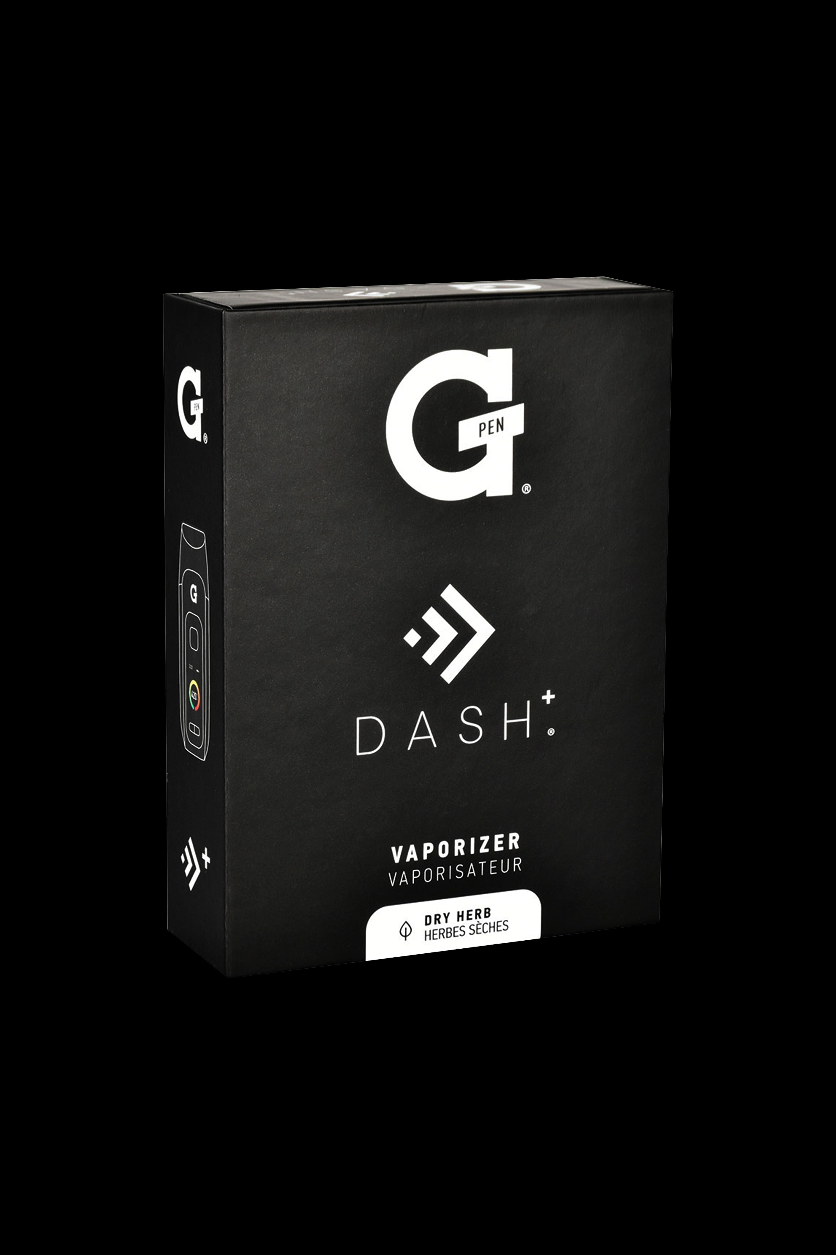 Black box for G Pen Dash vaporizer, displaying the device and text “Vaporizer - Dry Herb” in English and French.