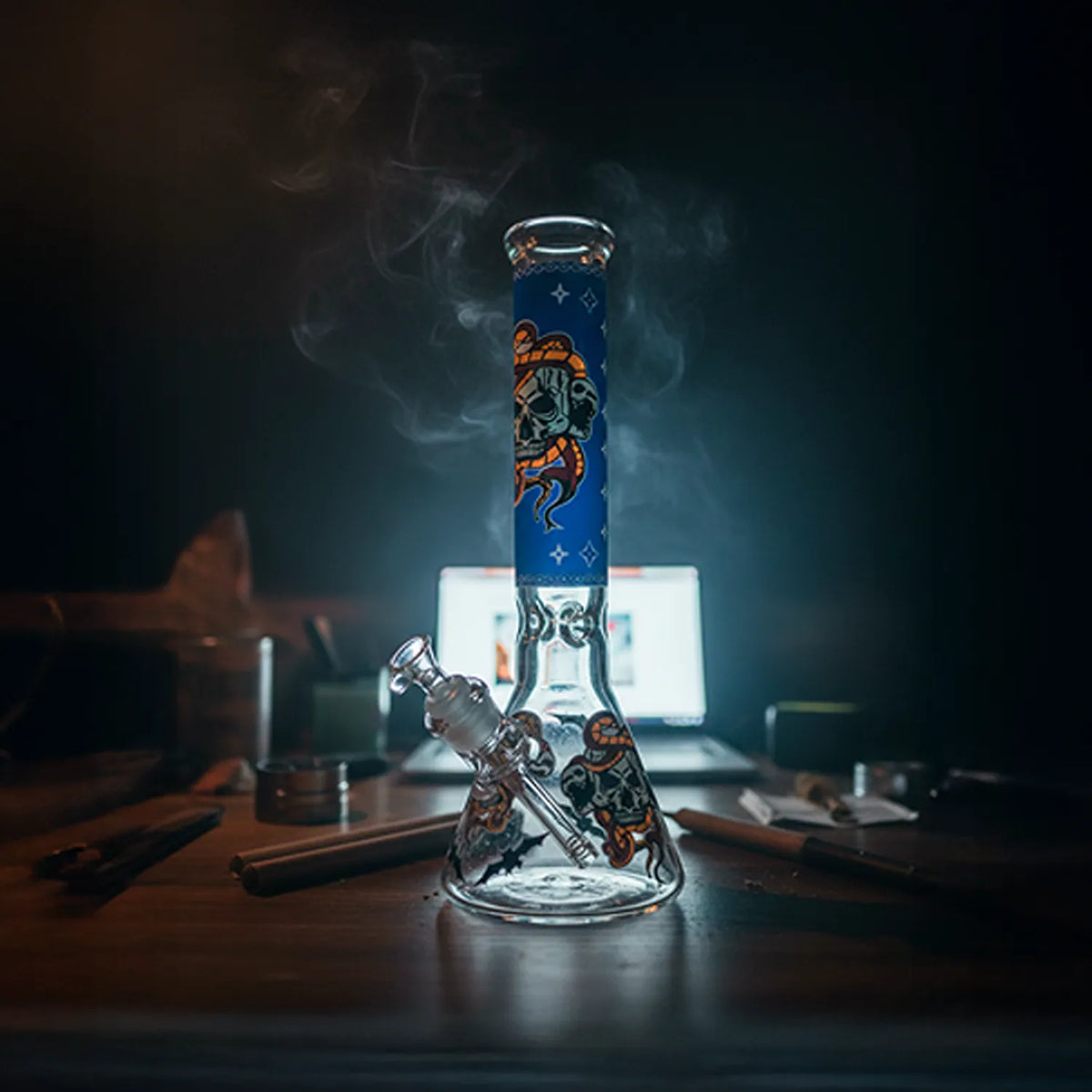 Smoke Cartel Beaker Ice Bong with Glow in the Dark Snake and Skull Print | Green