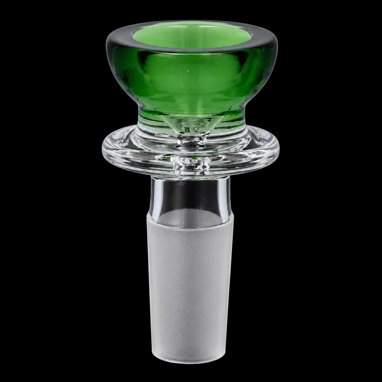 Close-up front view of the Smoke Cartel Glass Herb Bowl with Colored Top | Choice of 4 Colors | Green showing a glossy green rounded bowl atop a clear flared joint against a black background.