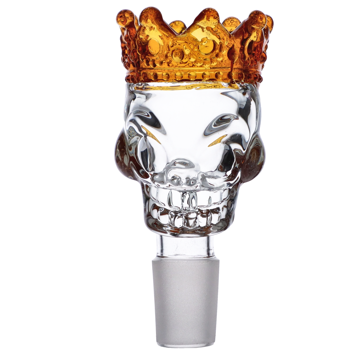 Front-facing close-up of the Glass Skull Bowl w/Crown-Yellow-Male 18mm showing a clear glass skull topped with a textured amber crown against a white background.