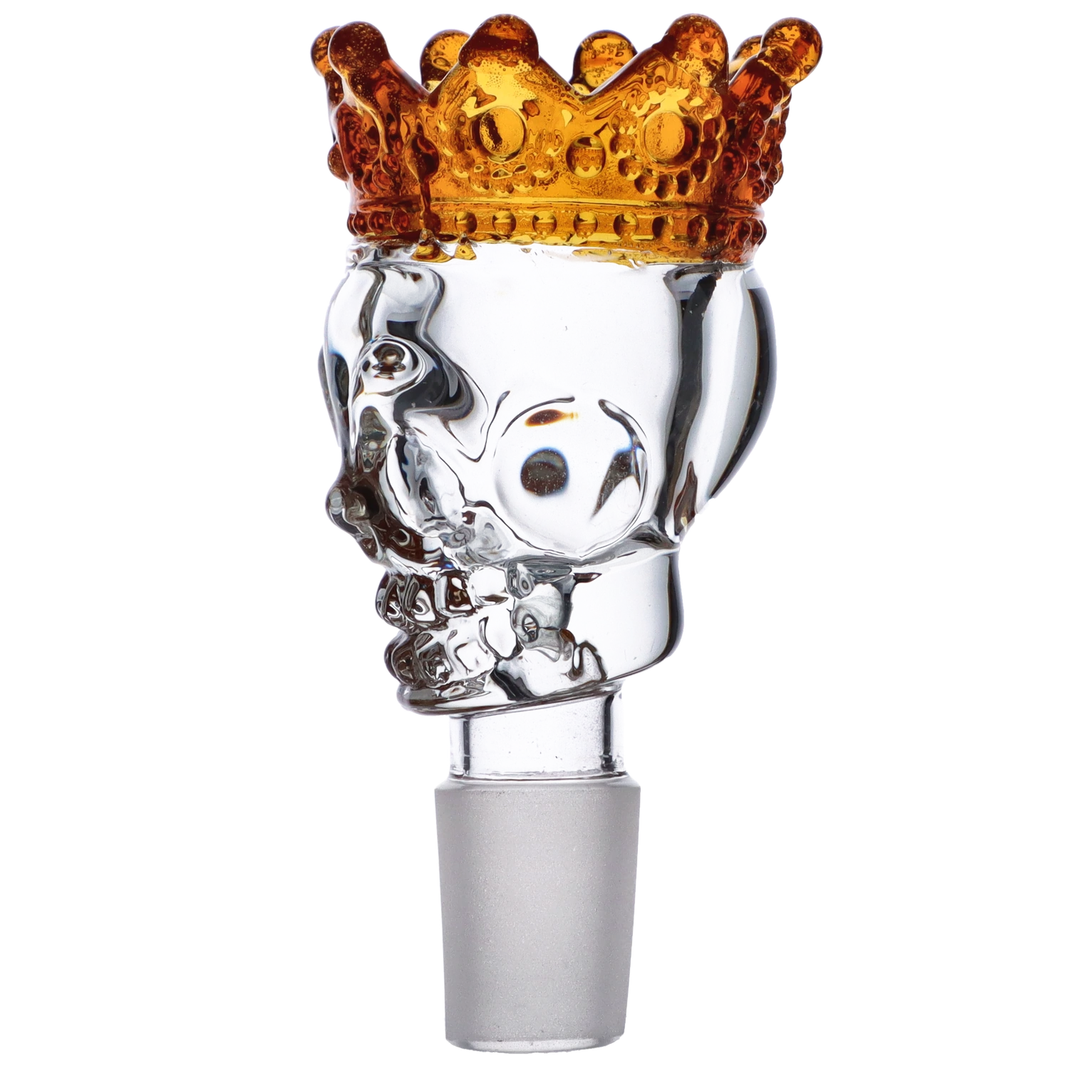 Close-up front view of the Glass Skull Bowl w/Crown-Yellow-Male 18mm showing a clear glass skull topped with a textured amber crown against a white background.