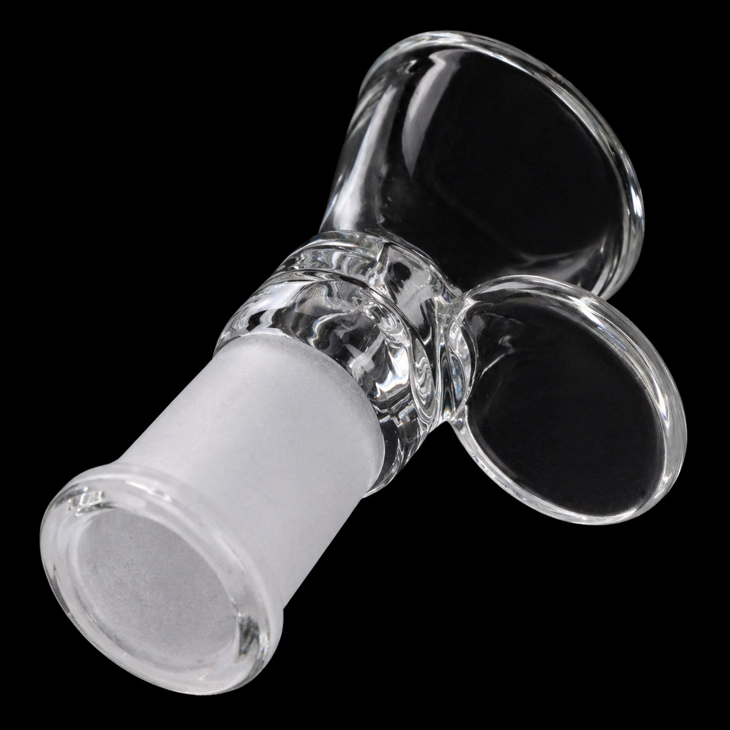 Close-up angled view of the clear Smoke Cartel Funnel Bowl - Female 14mm showing the frosted joint and twin petal-shaped glass flanges against a black background