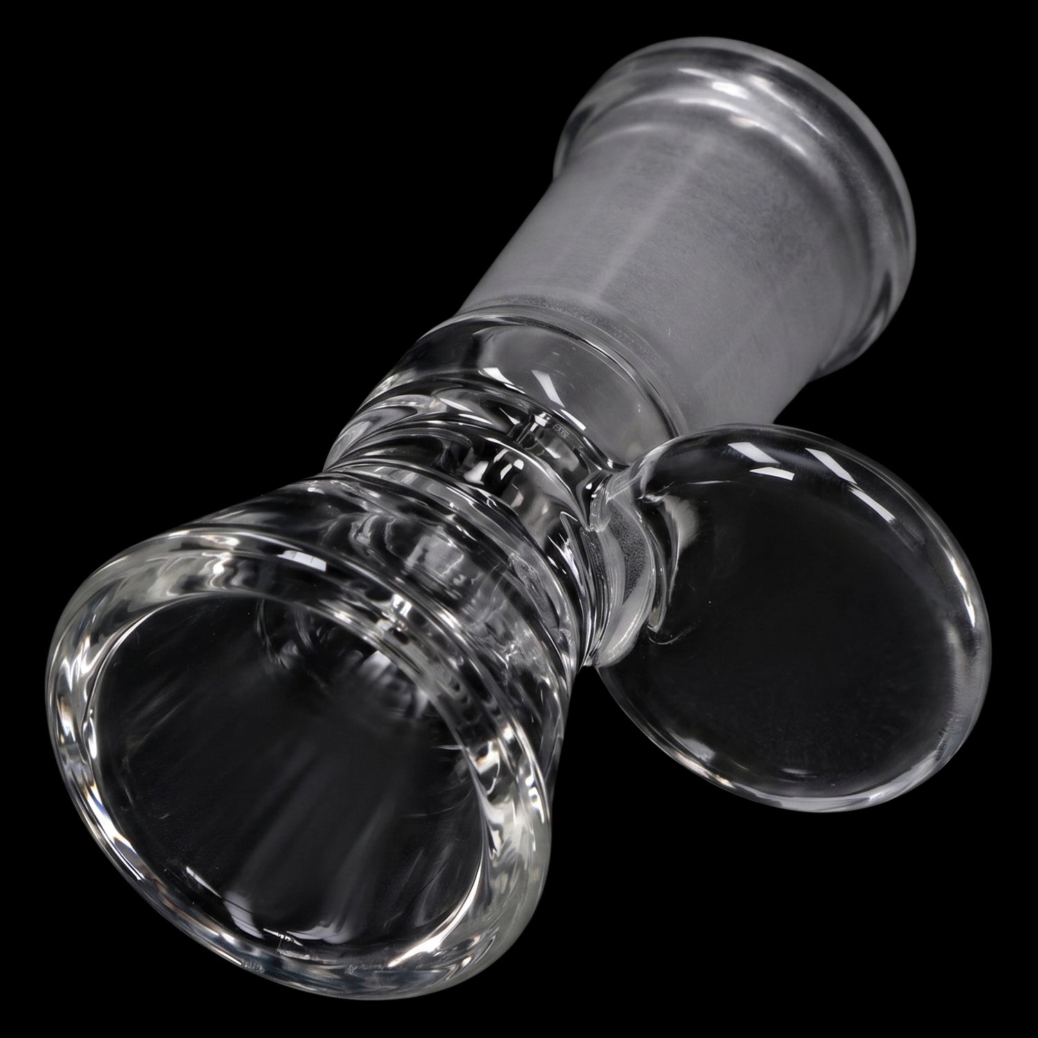 Angled close-up of the clear Smoke Cartel Funnel Bowl - Female 14mm showing the frosted joint and polished glass bowl against a black background