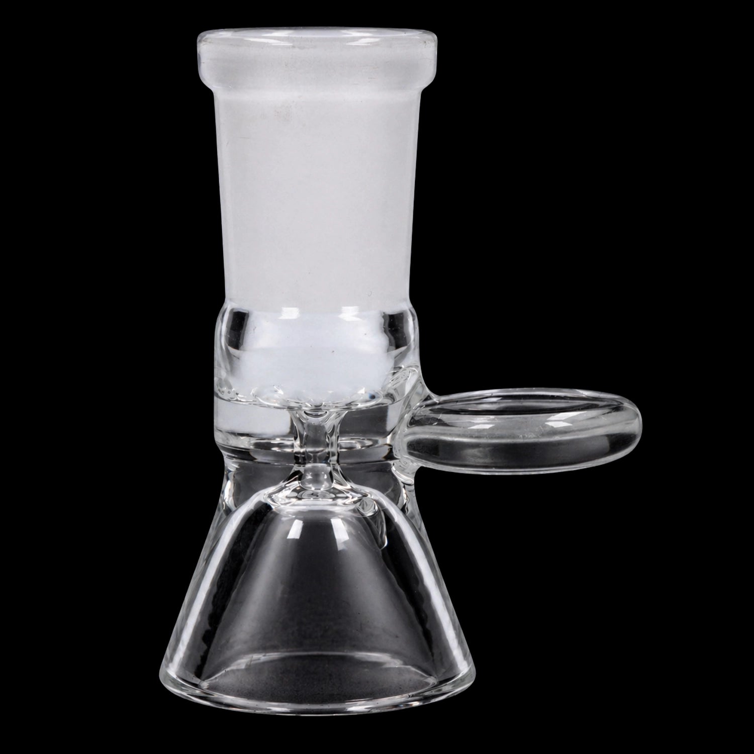 Close-up front view of the Smoke Cartel Funnel Bowl - Female 14mm showing clear glass construction and a frosted joint against a black background