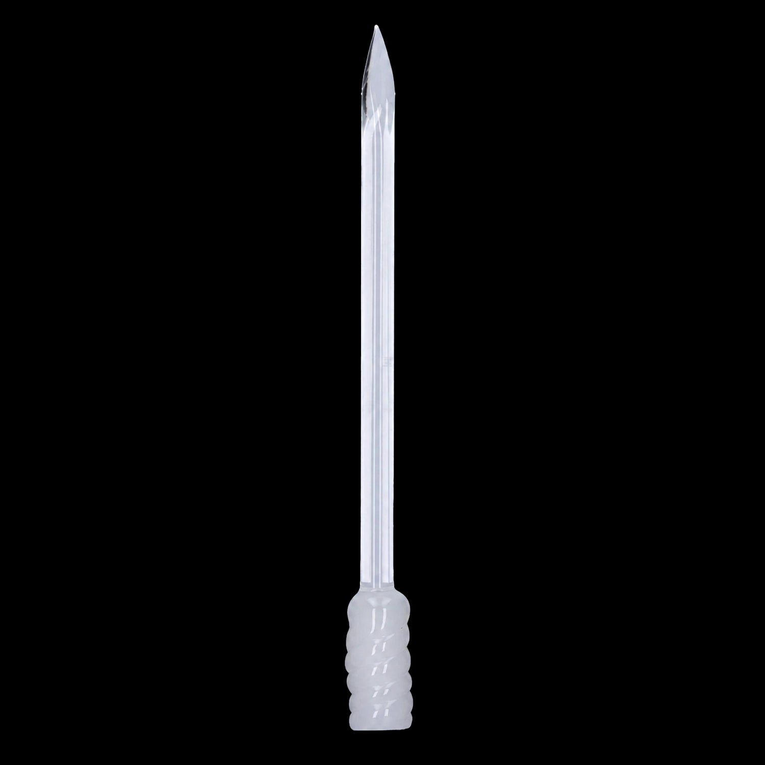 Centered vertical close-up of the Smoke Cartel Glass with White Handle Dabber against a black background, showing its pointed clear shaft and spiral white handle.