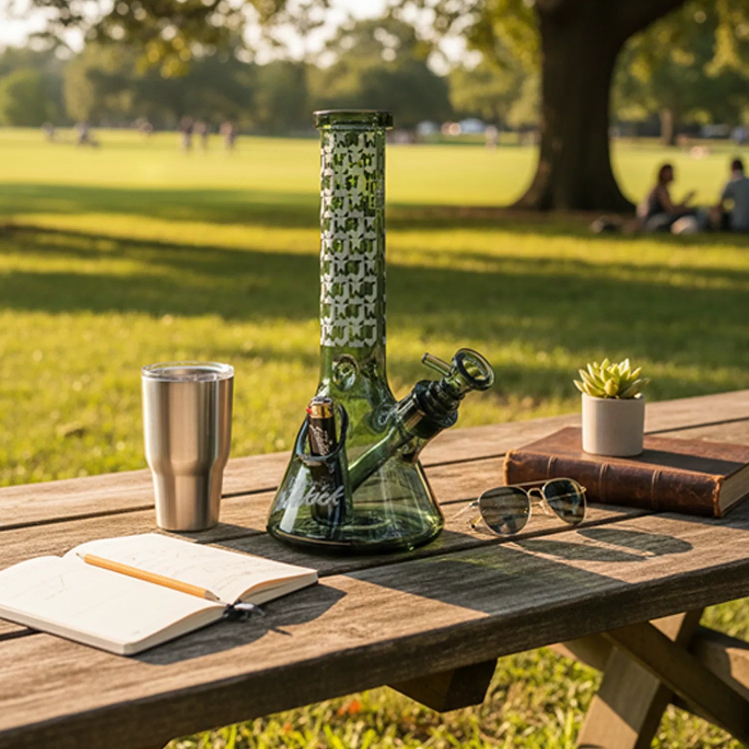 Center-focused shot of a green glass GEAR Premium x Jane West Limited Edition Sidekick Bong sitting on a sunlit picnic table with a journal, tumbler, sunglasses, and a small potted succulent.