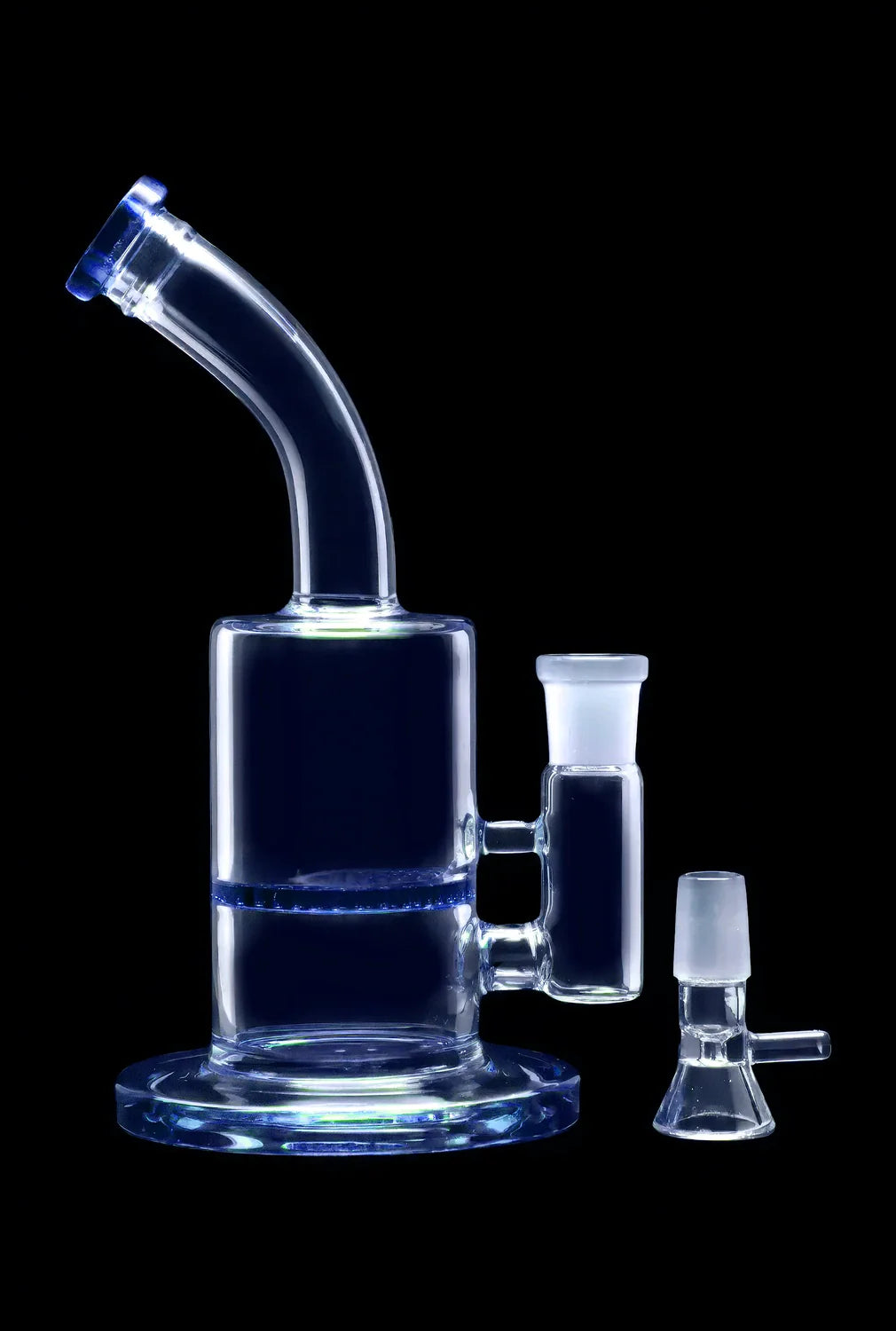 Blue glass water pipe (bong) with a detachable downstem and bowl, isolated on a black background.