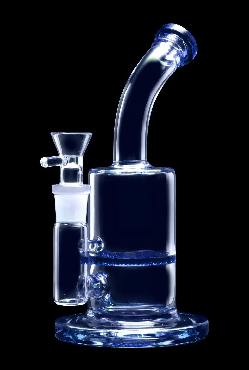 Blue glass water pipe, also known as a bong, against a black background.