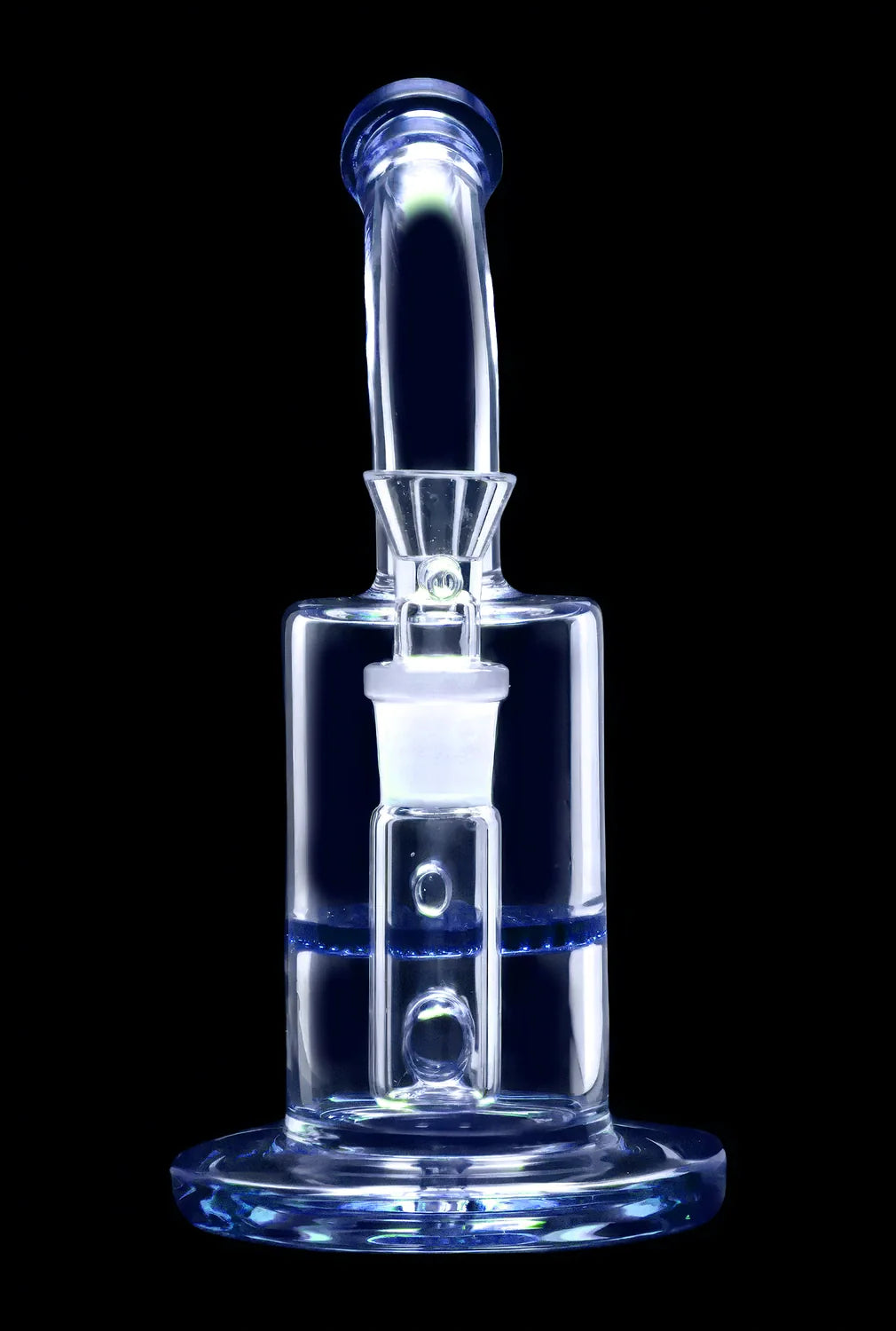 Clear glass bubbler water pipe with blue accents, isolated on a black background.