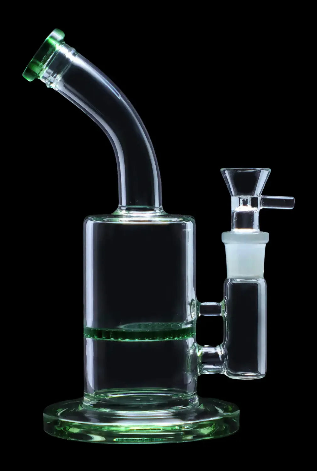 Green glass water pipe (bong) with a removable bowl, isolated on a black background.
