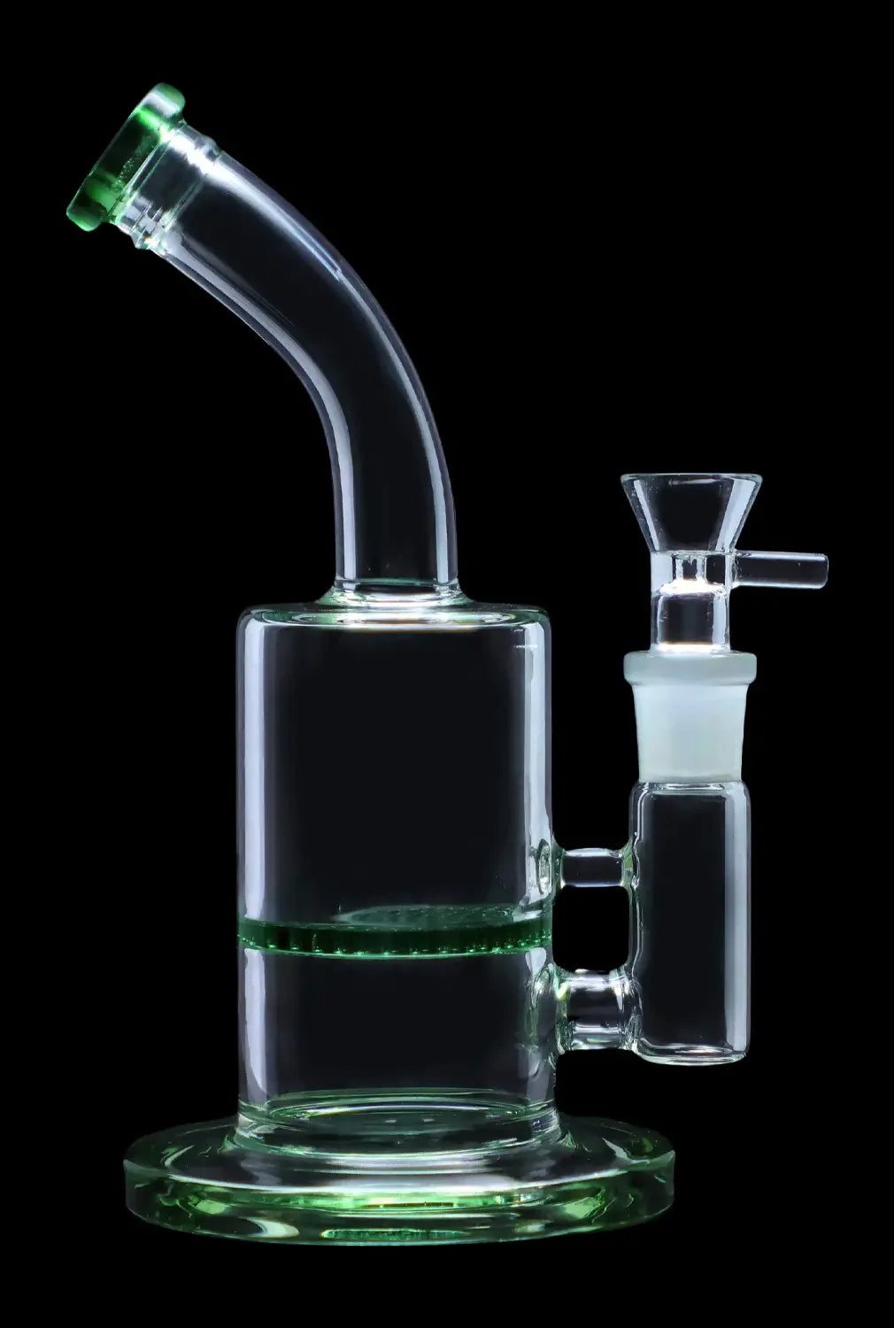 Green glass water pipe (bong) with a detachable downstem and bowl, isolated on a black background.