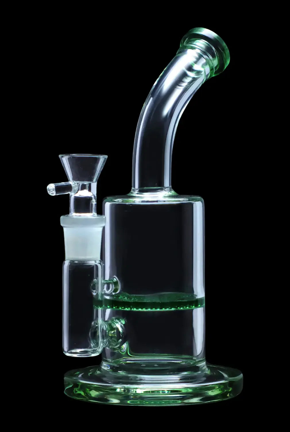 Clear glass water pipe (bong) with green accents, isolated on a black background.