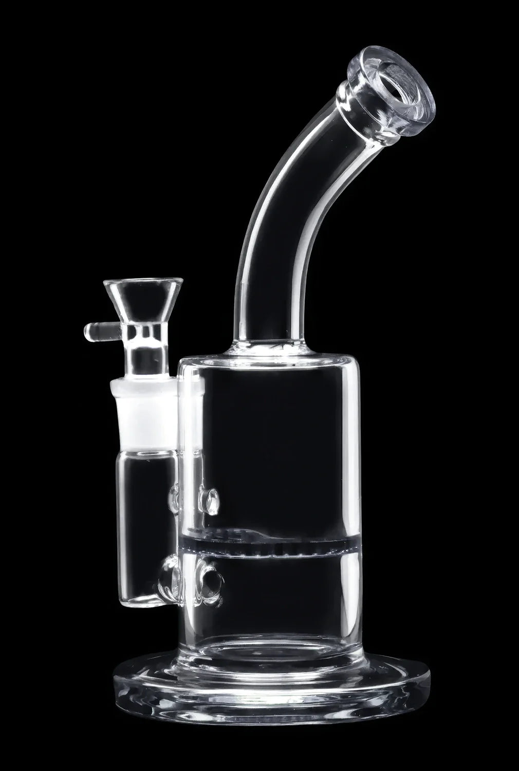 Clear glass bubbler water pipe with angled neck.
