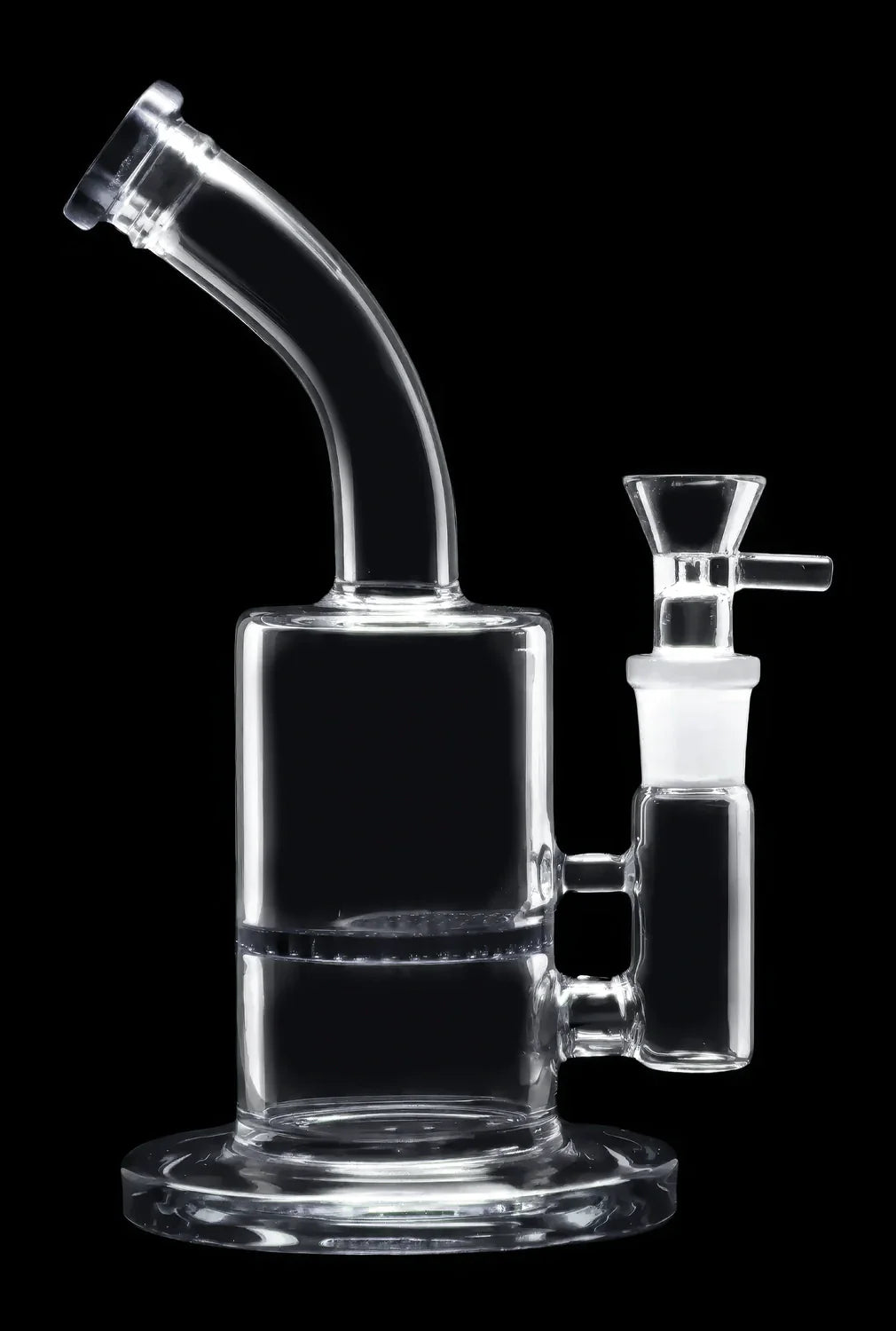 Clear glass bubbler water pipe with a removable bowl.