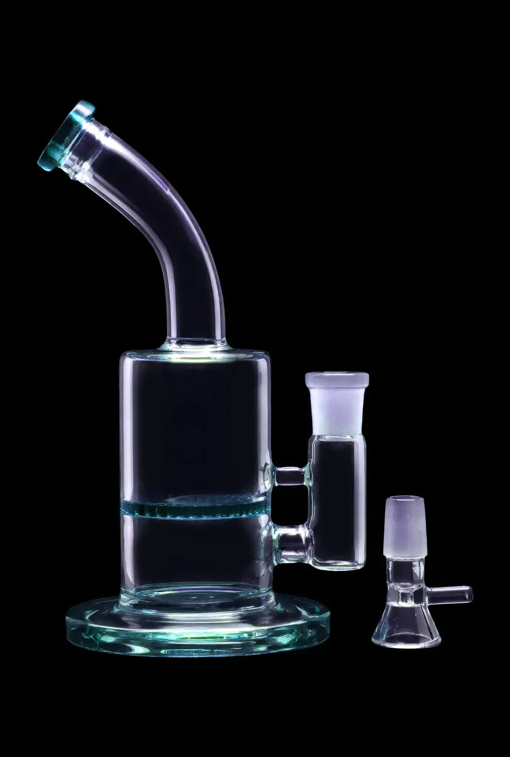 Clear glass water pipe (bubbler) with a bent neck and accompanying glass bowl, isolated on a black background.