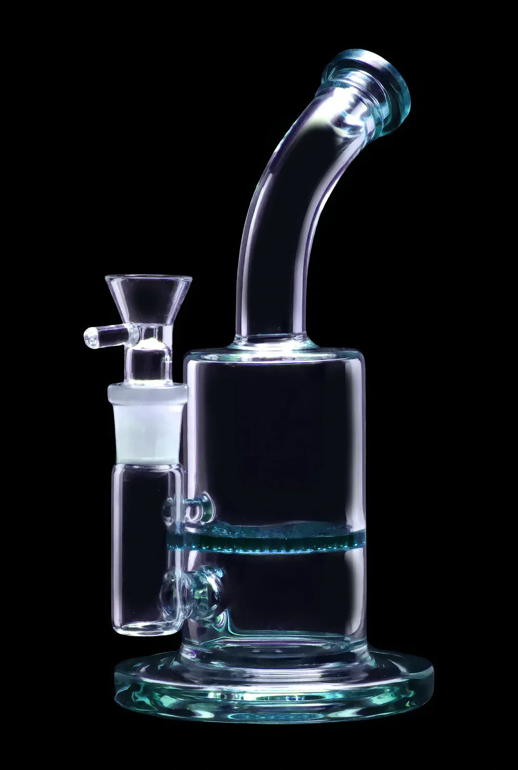 Blue glass water pipe (bong) with a clear glass bowl against a black background.