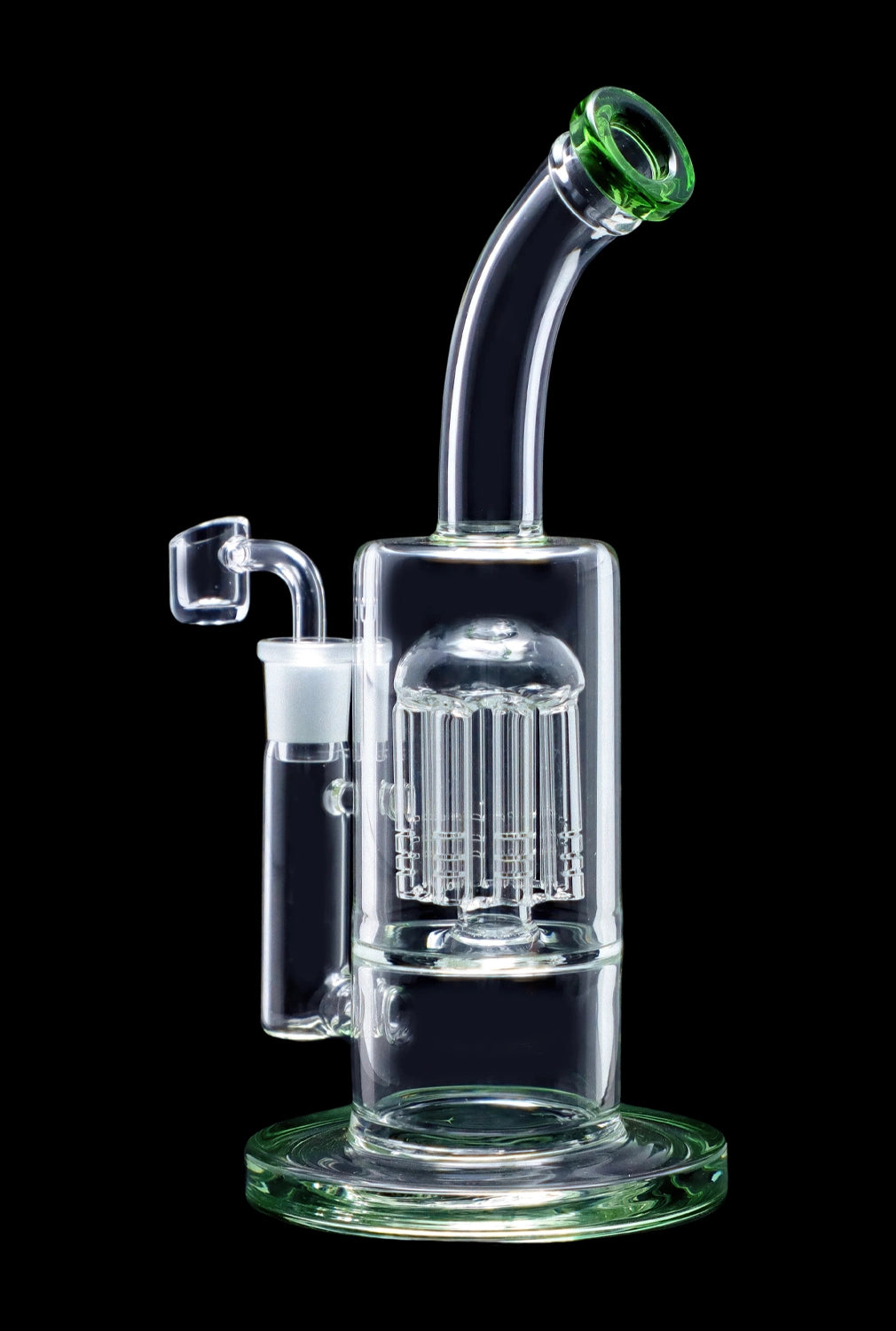 Clear glass water pipe (bong) with intricate percolator filtration system, isolated on black.