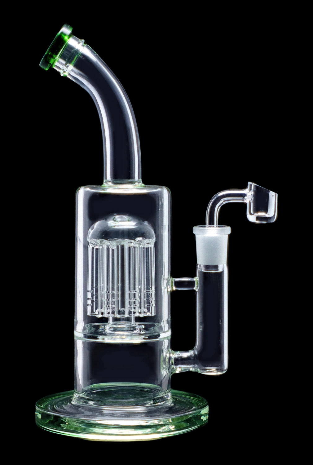 Clear glass water pipe (rig) with a perc filtration system and dab nail.