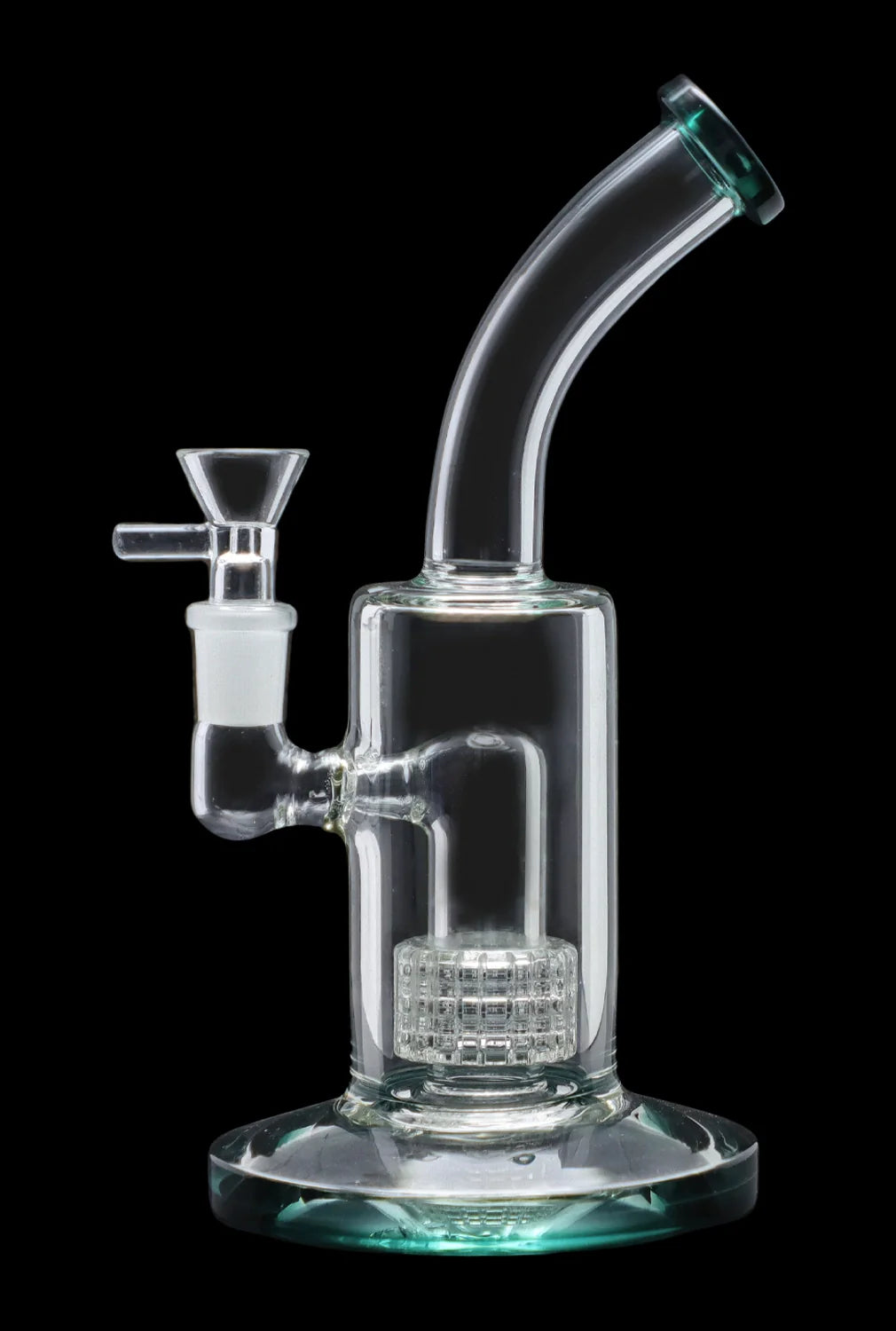 Clear glass water pipe (bong) with honeycomb percolator and angled neck.