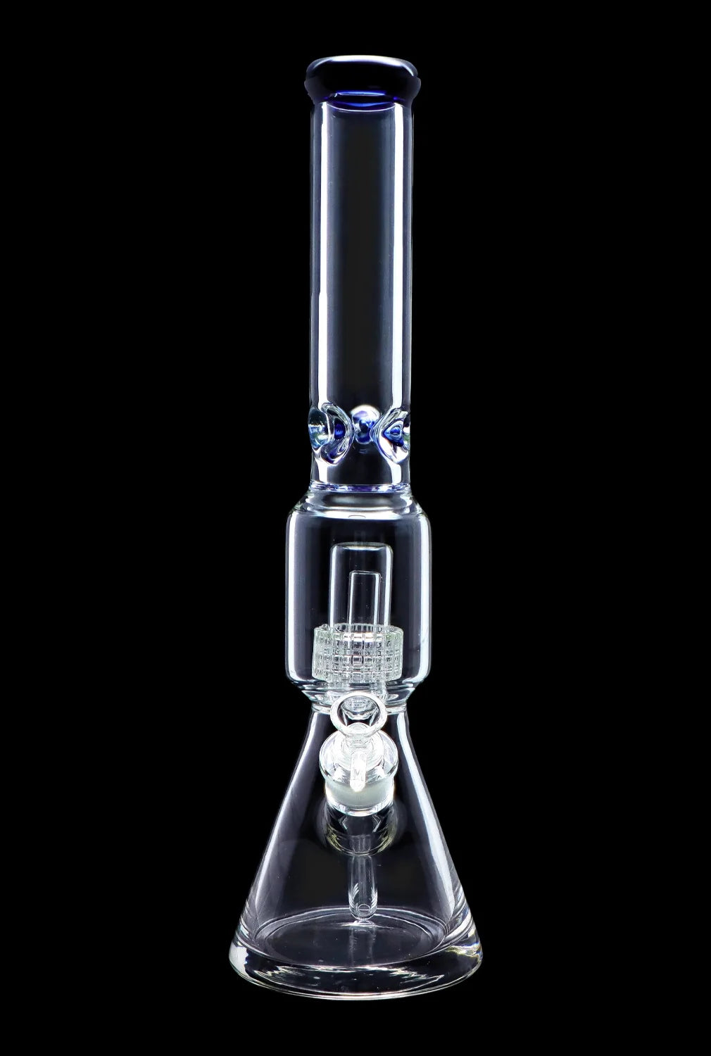 Clear glass water pipe (bong) with intricate percolator and blue accents, isolated on a black background.