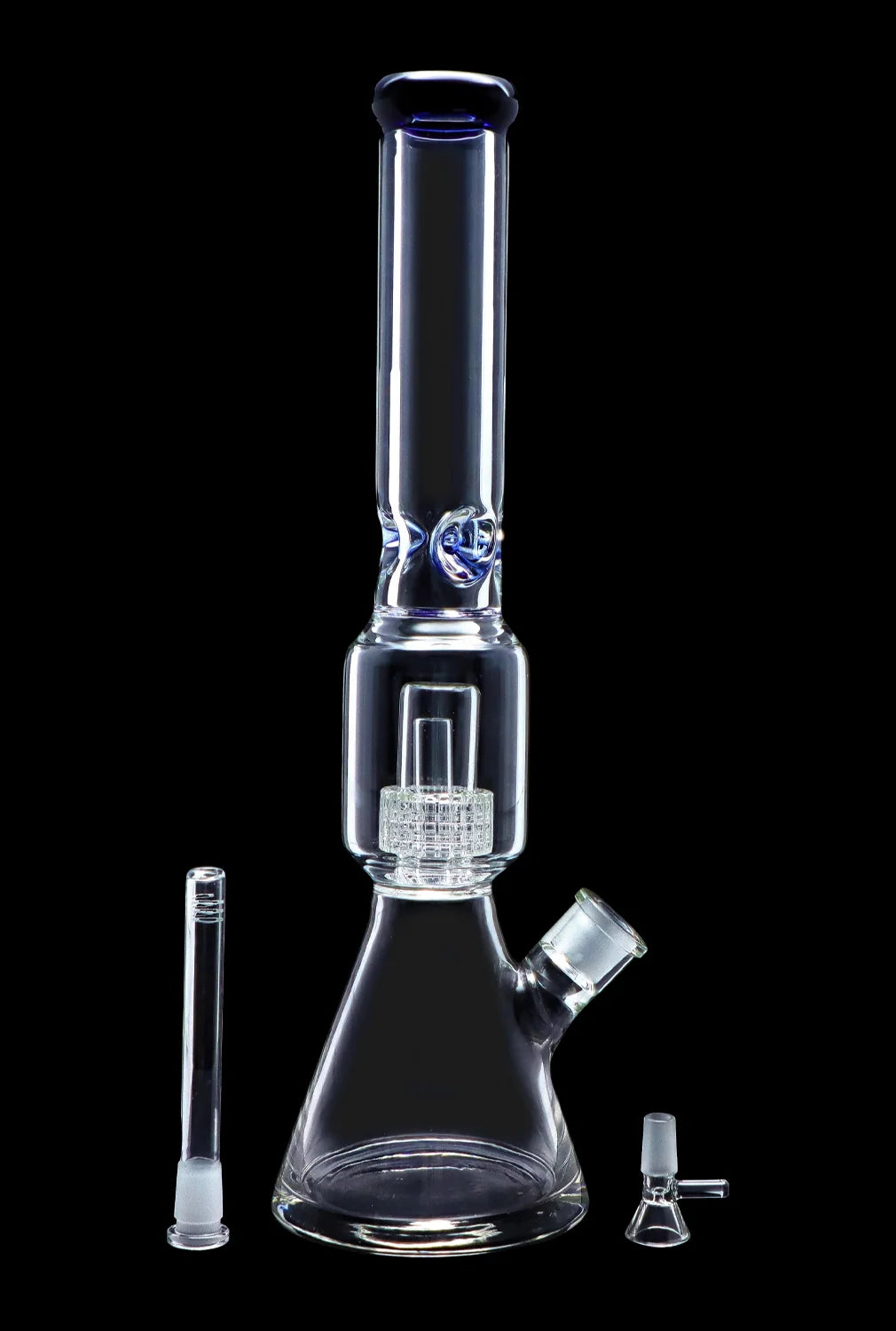 Clear glass bong with ice catcher and diffuser downstem, accompanied by a separate glass bowl and downstem, against a black background.
