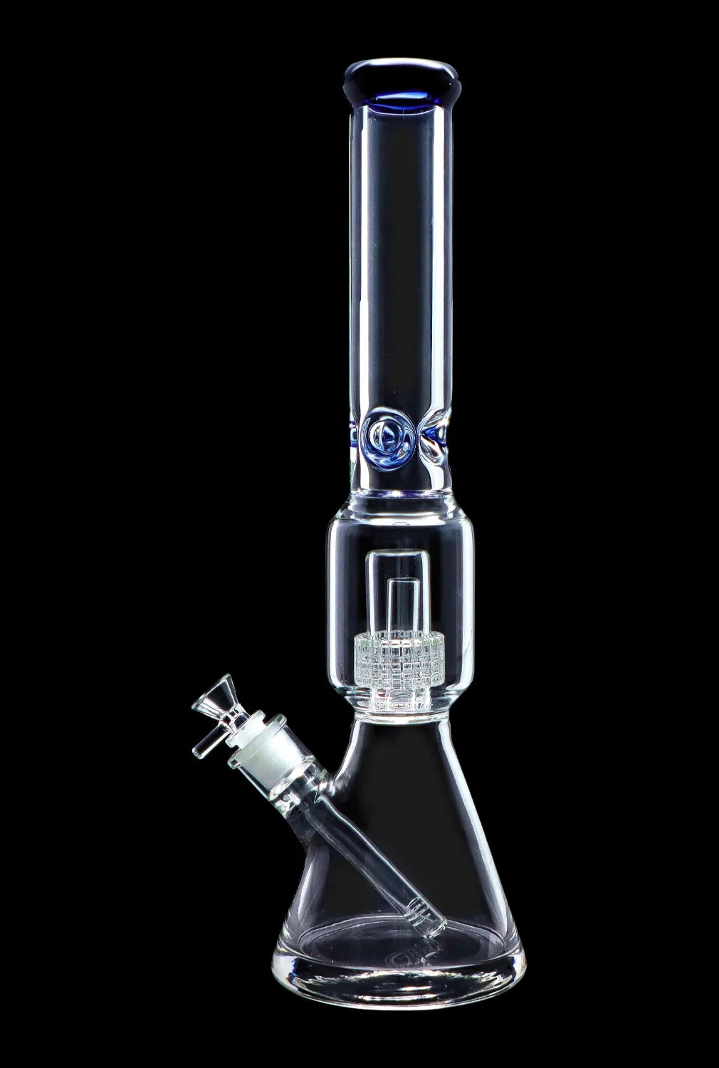 Front view of the 16-inch Beaker w/ Perc & Color Mouthpiece, showcasing the blue mouthpiece detail against a black background.