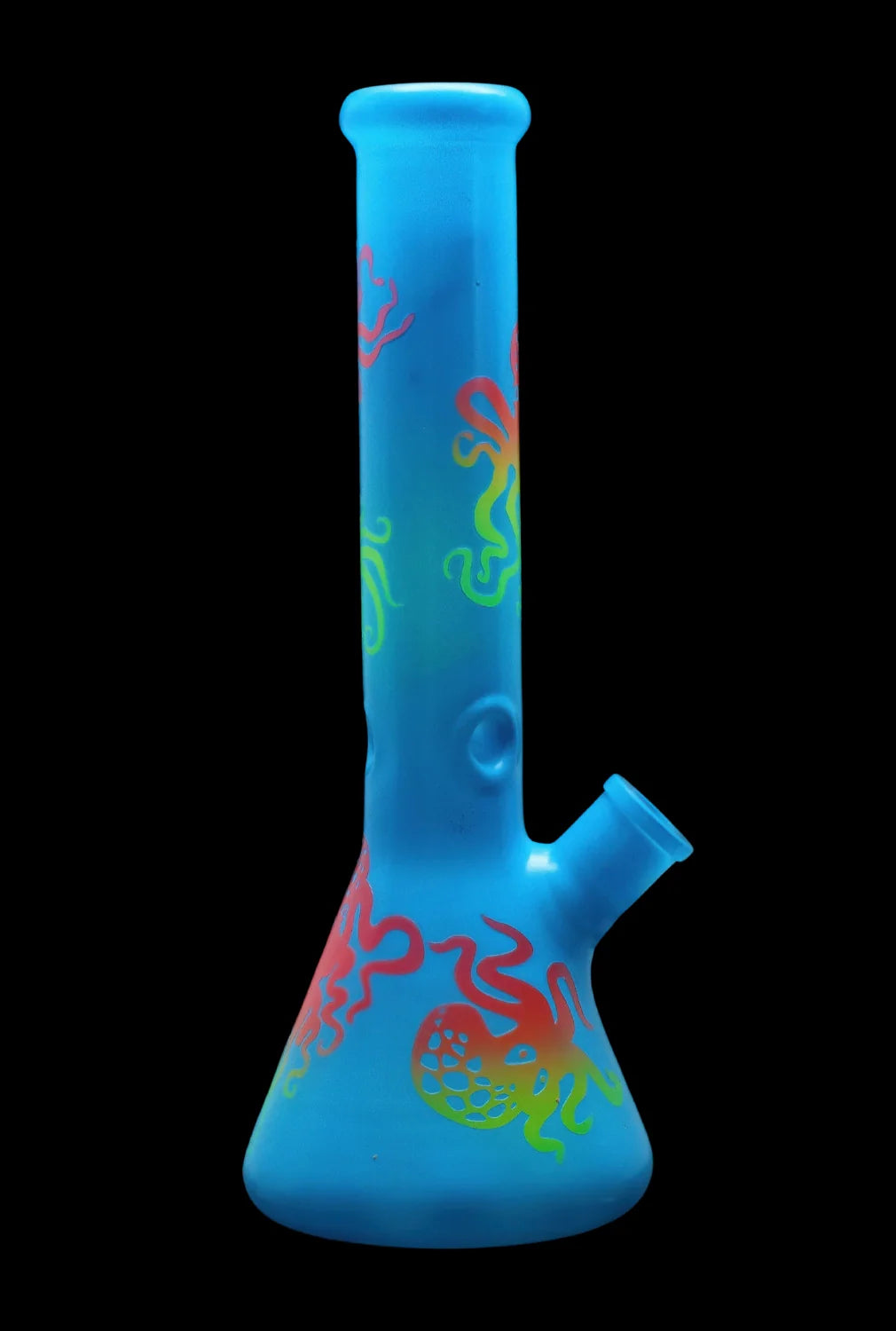 Blue glass bong with red and yellow dragon design.