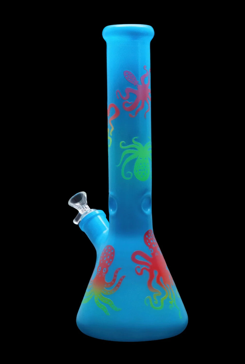 Blue glass water pipe with colorful floral designs.