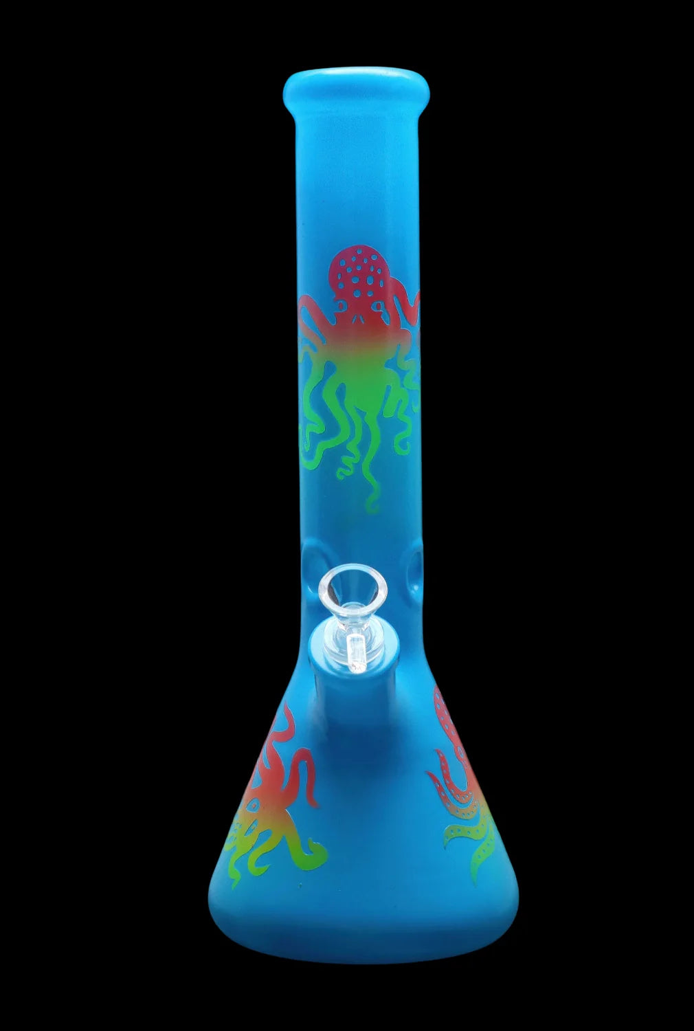 Blue glass bong with octopus and coral designs.