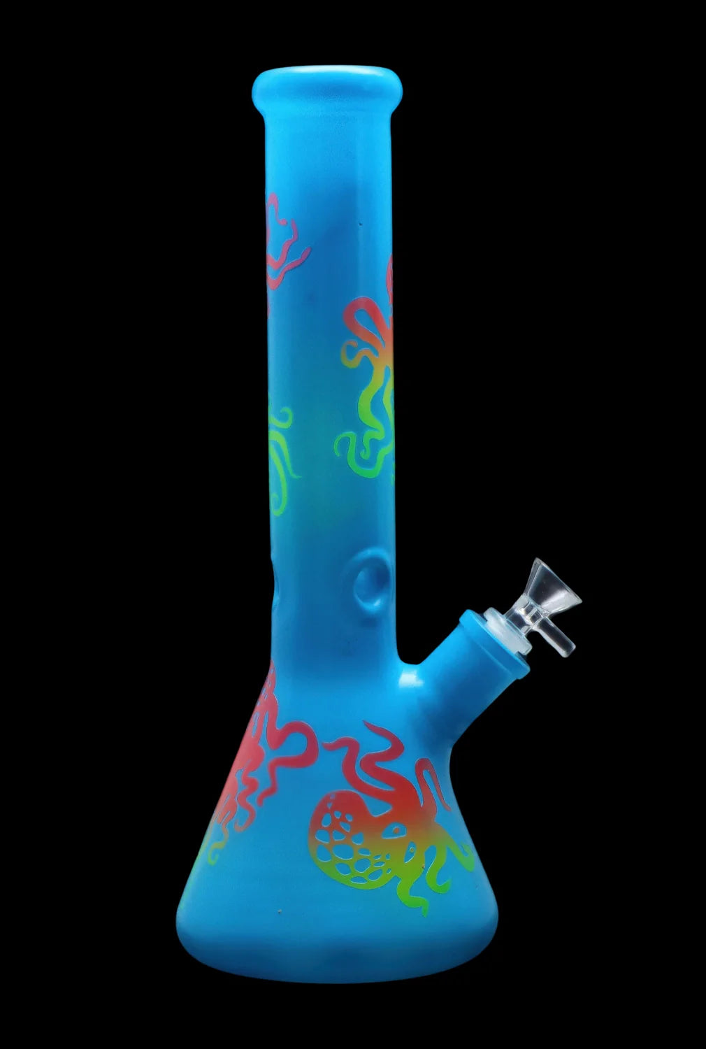 Blue glass bong with red and yellow floral designs.