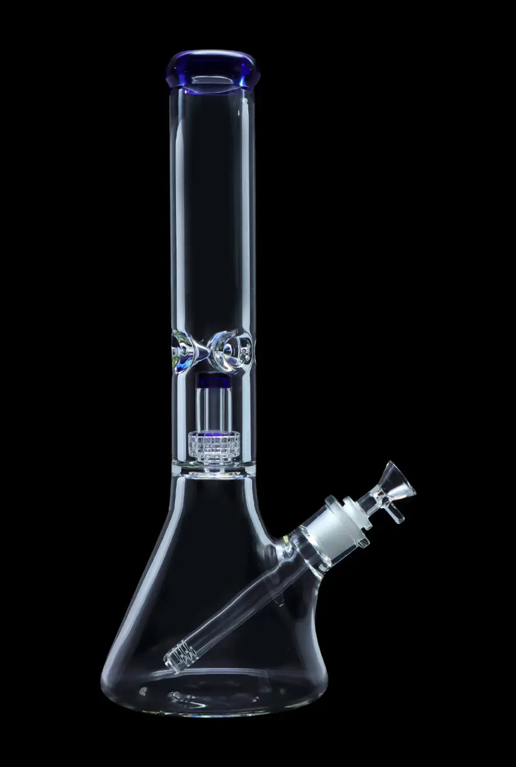 Glass water pipe (bong) with blue accents and intricate percolator filtration system.