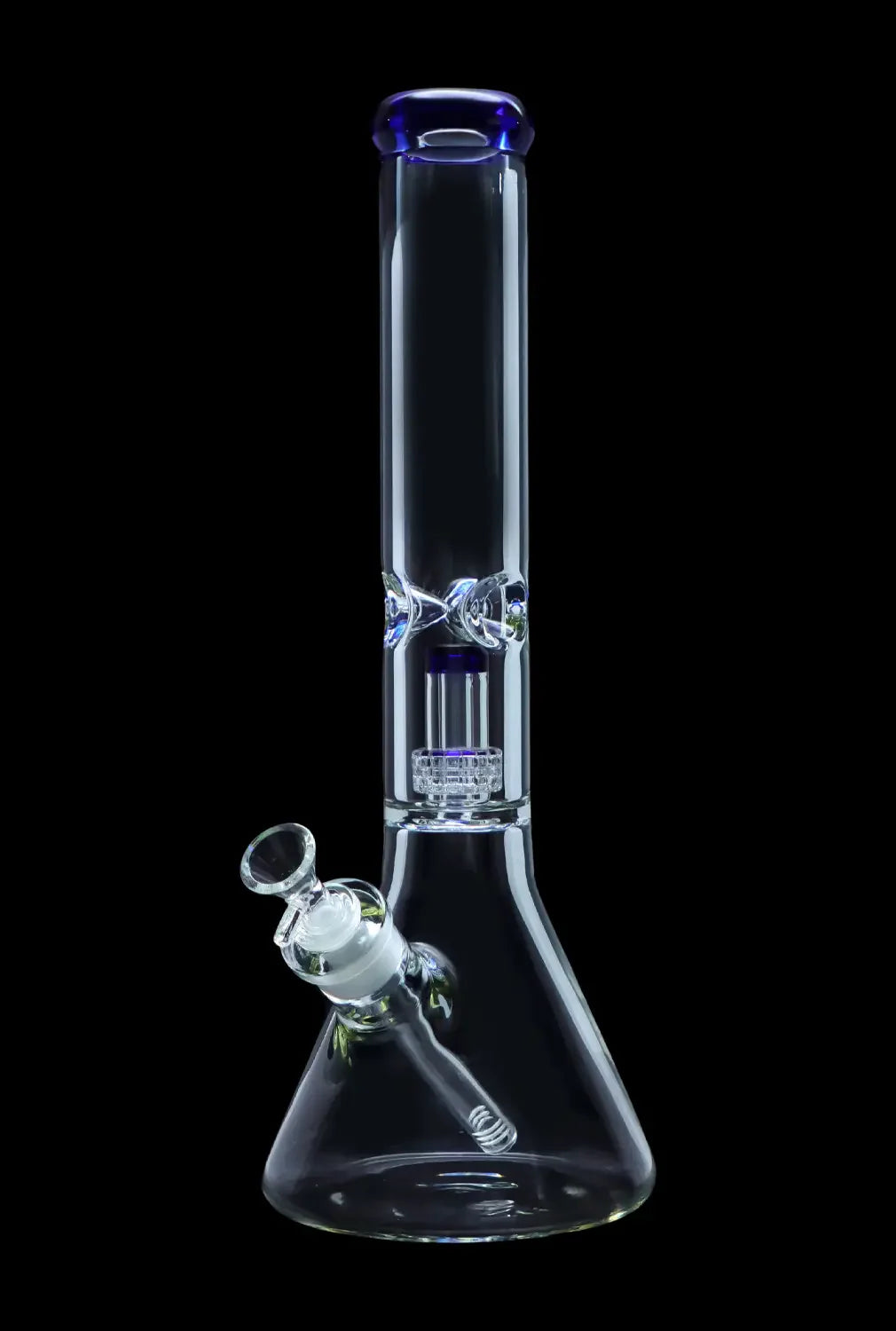 Clear glass bong with intricate percolator and bowl against a black background.