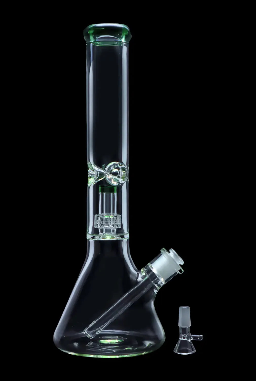 Green glass bong with intricate perc filtration system and detachable downstem, isolated on a black background.